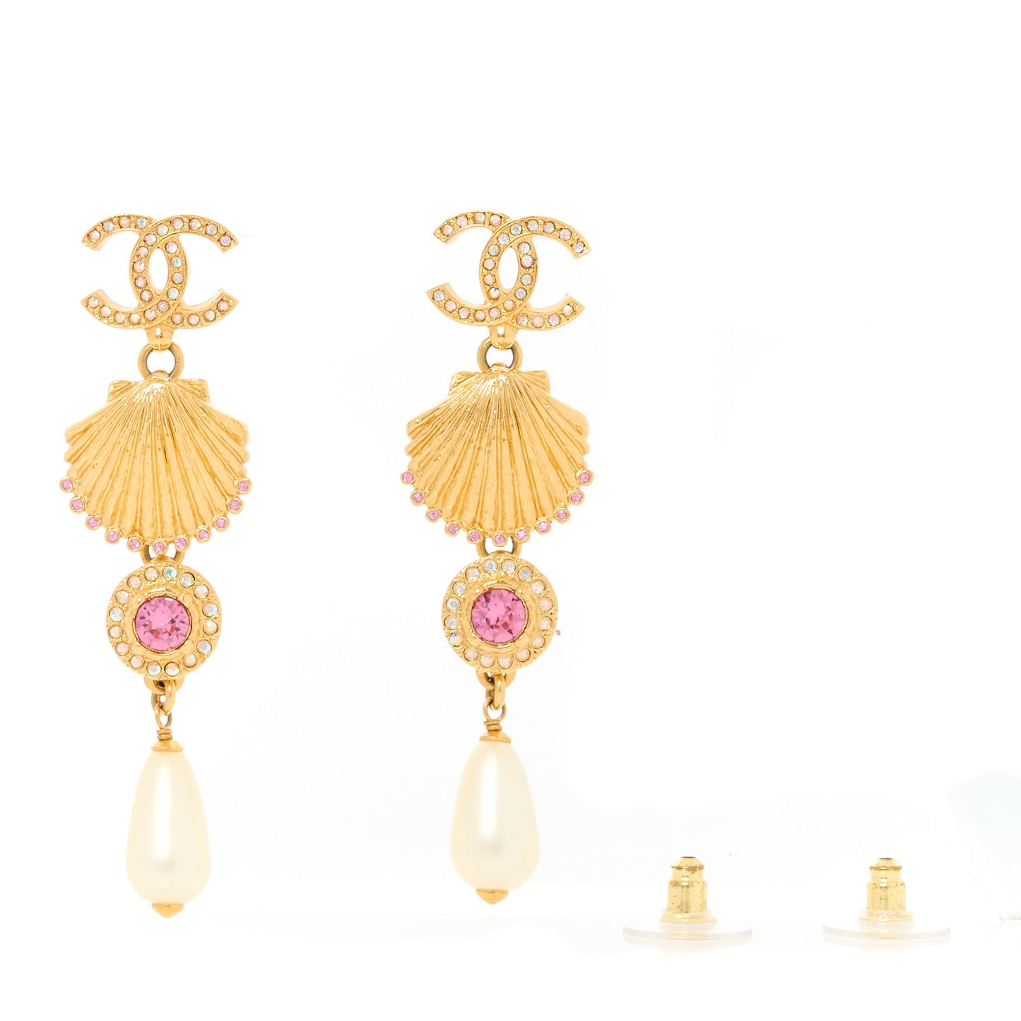 Metal Crystal Pearl CC Drop Earrings Gold Pink White