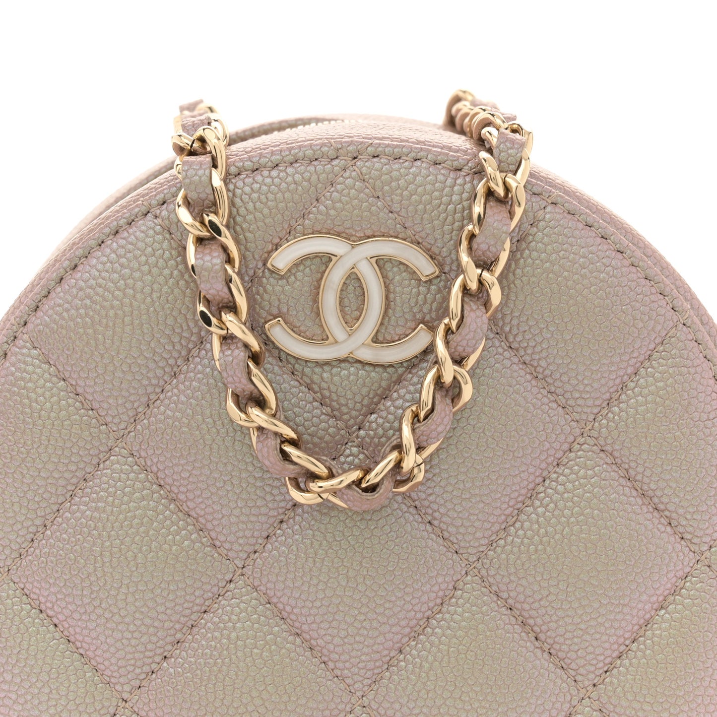 Iridescent Caviar Resin Quilted Round Clutch With Chain Beige