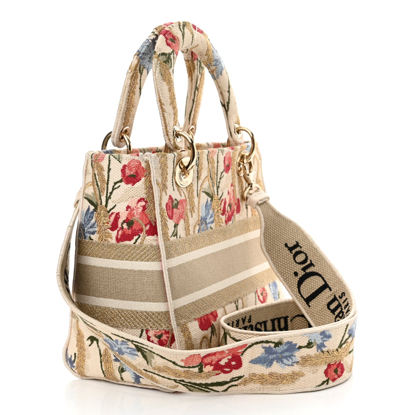 Canvas Embroidered Hibiscus Printed Medium Lady D-Lite Beige Multicolor