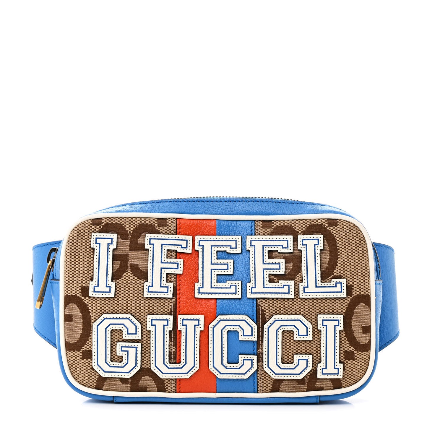 Monogram Jumbo GG Textured Dollar Calfskin Web I Feel Gucci Belt Bag Camel Ebony Blue