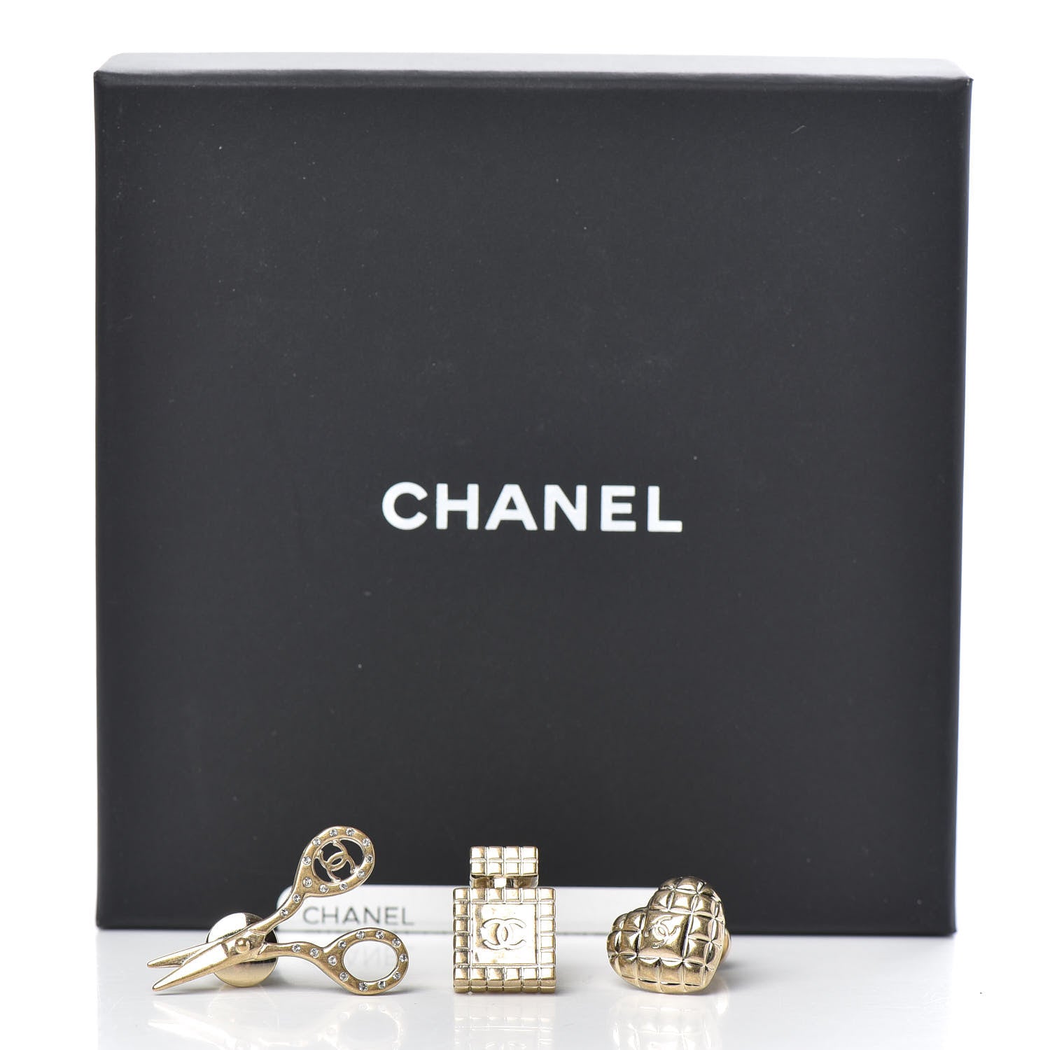 Chanel Metal Strass Crystal Quilted CC Heart Scissors Perfume Brooch Set Gold 5 of 5