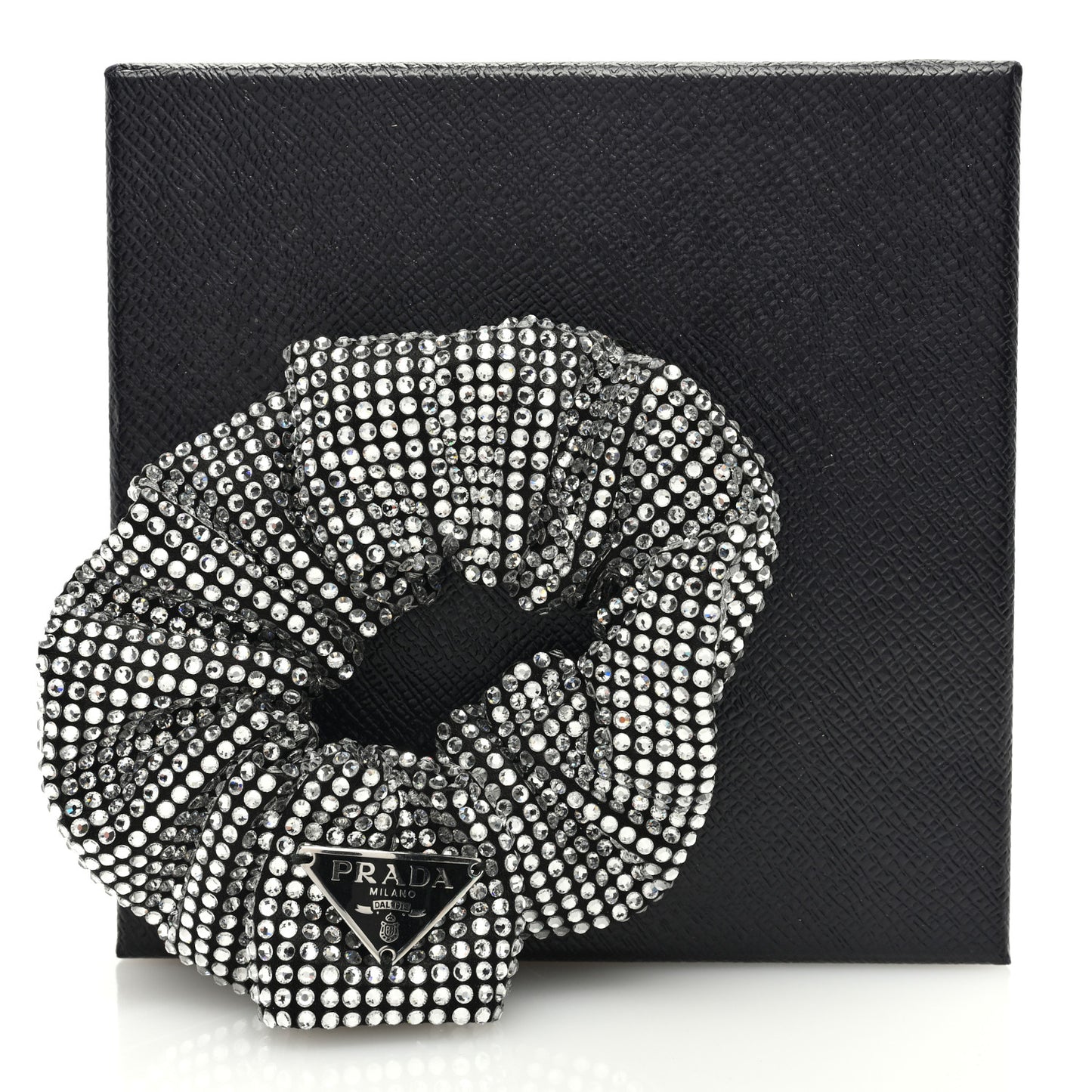 Crystal Satin Metal Logo Scrunchie Black