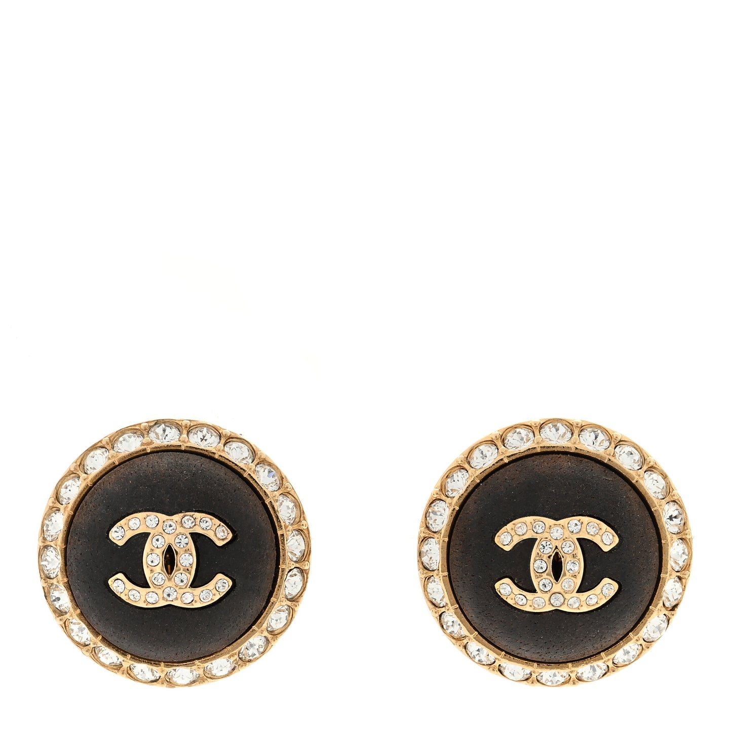 Metal Wood Crystal CC Round Earrings Gold Brown
