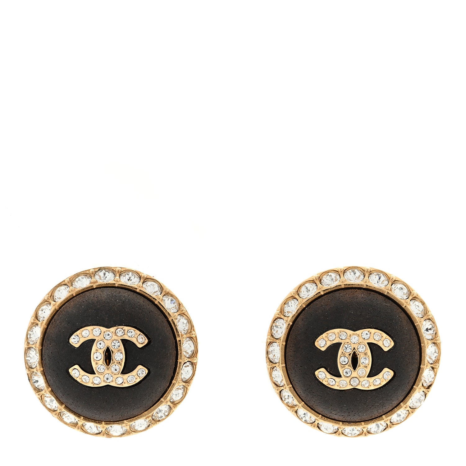 Chanel Metal Wood Crystal CC Round Earrings Gold Brown 1 of 4
