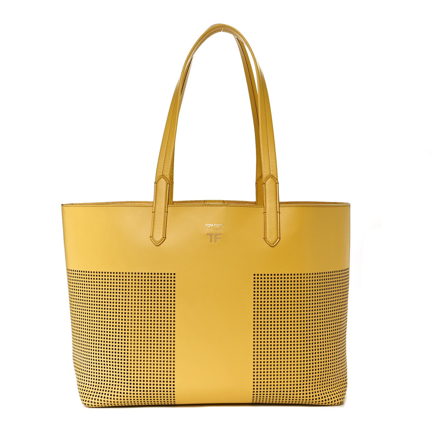 Calfskin Perforated Small East West Graphic T Tote Citron