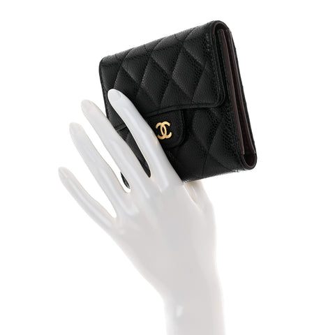Caviar Quilted Compact Flap Wallet Black