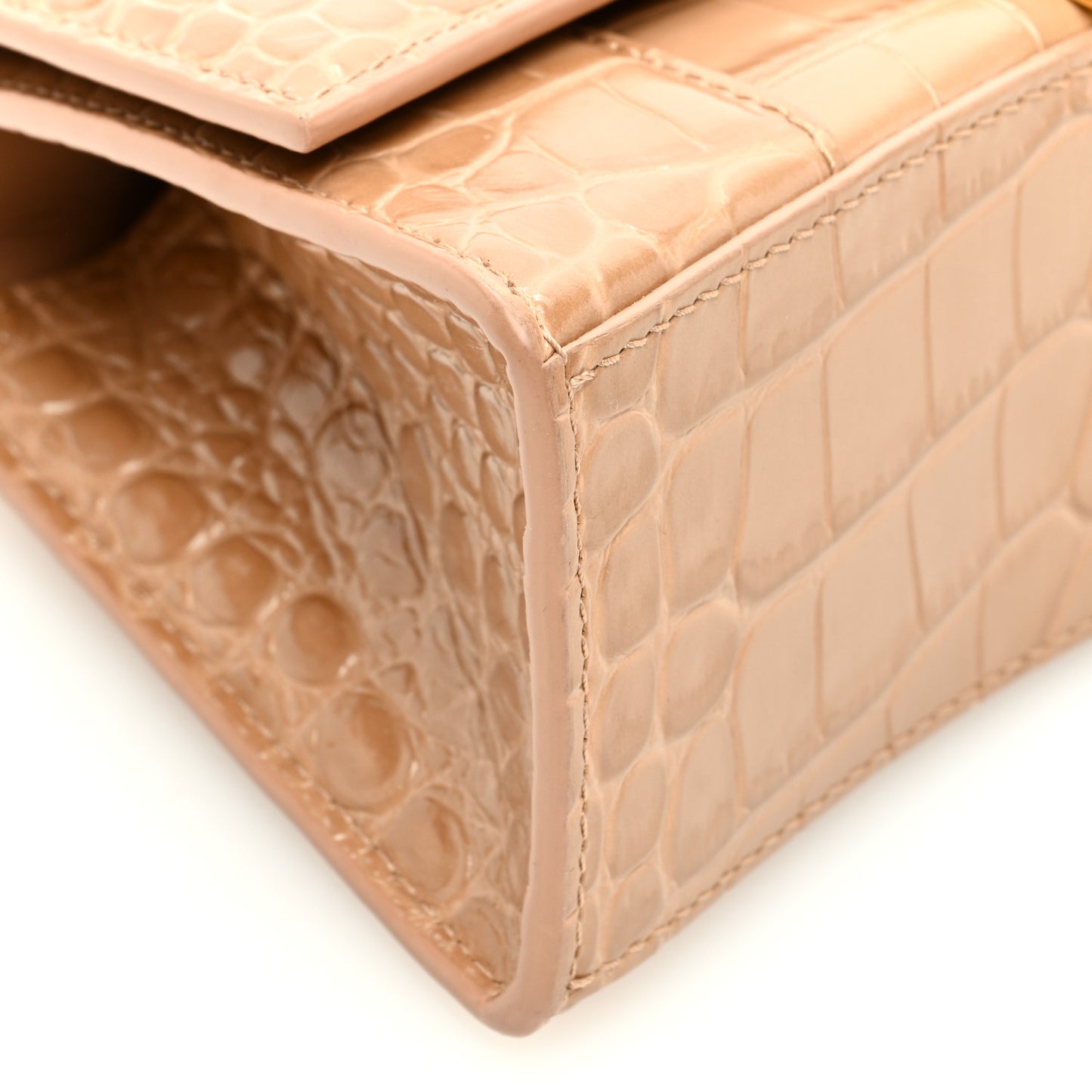 Shiny Calfskin Crocodile Embossed Hourglass Top Handle Bag XS Nude Beige