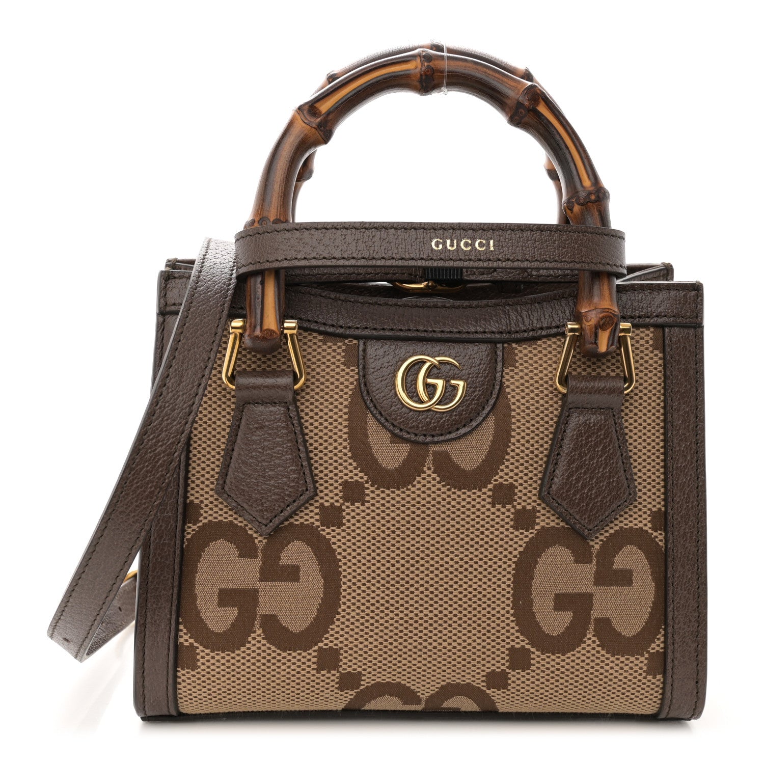 Gucci Monogram Jumbo GG Textured Dollar Calfskin Mini Diana Tote Bag Camel Ebony New Acero 1 of 12