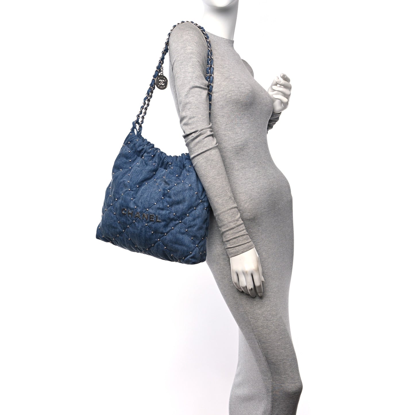 Washed Denim Quilted Studded Small Chanel 22 Blue