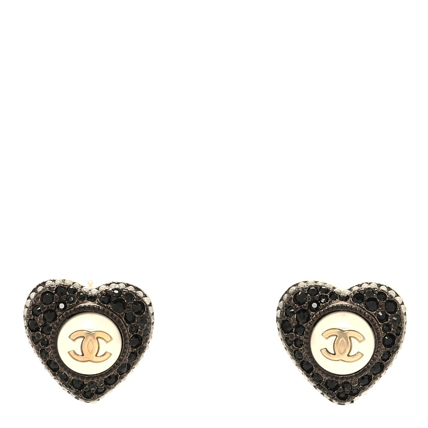 Pearl Crystal CC Heart Earrings Gold Black
