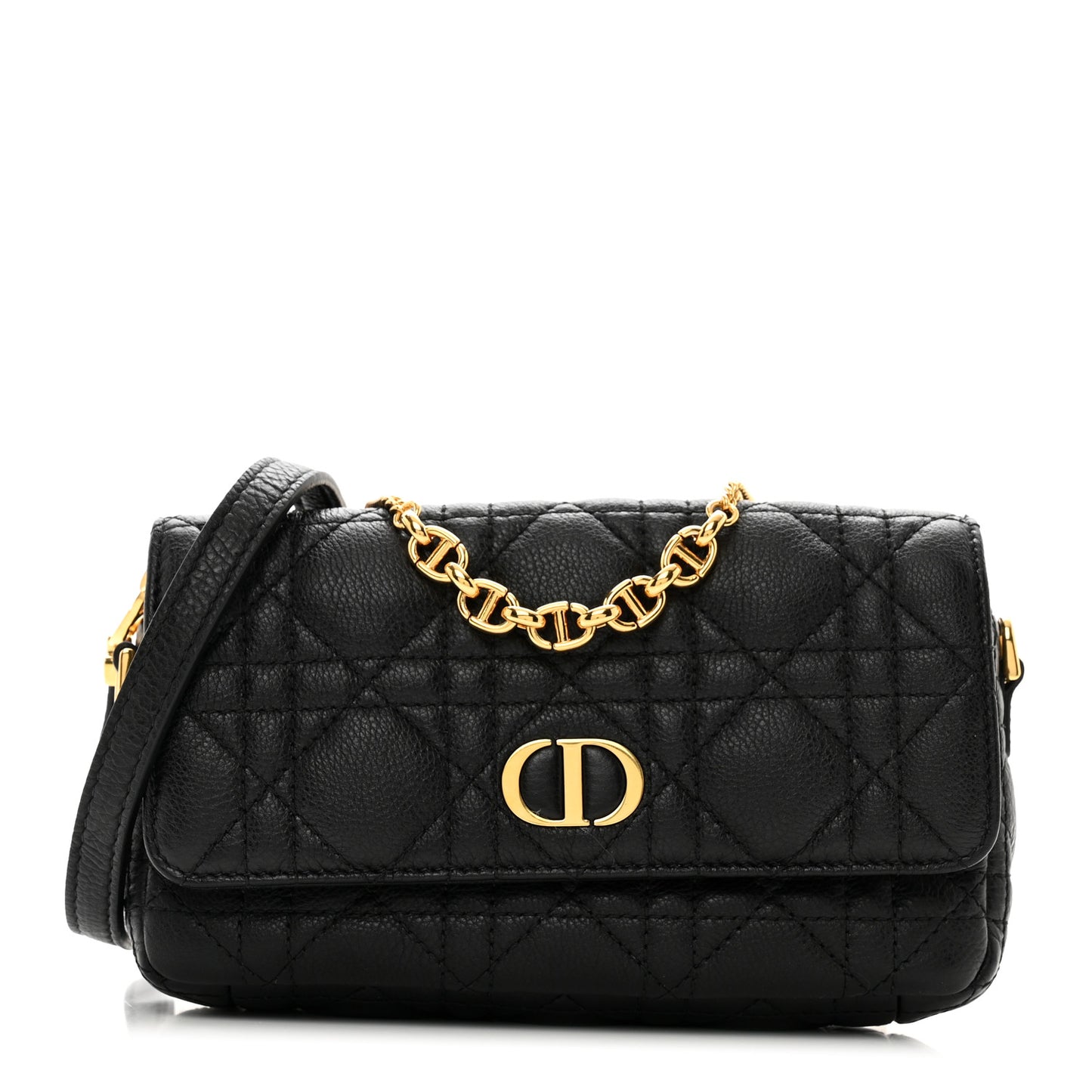 Supple Calfskin Cannage Caro Pouch with Chain Black
