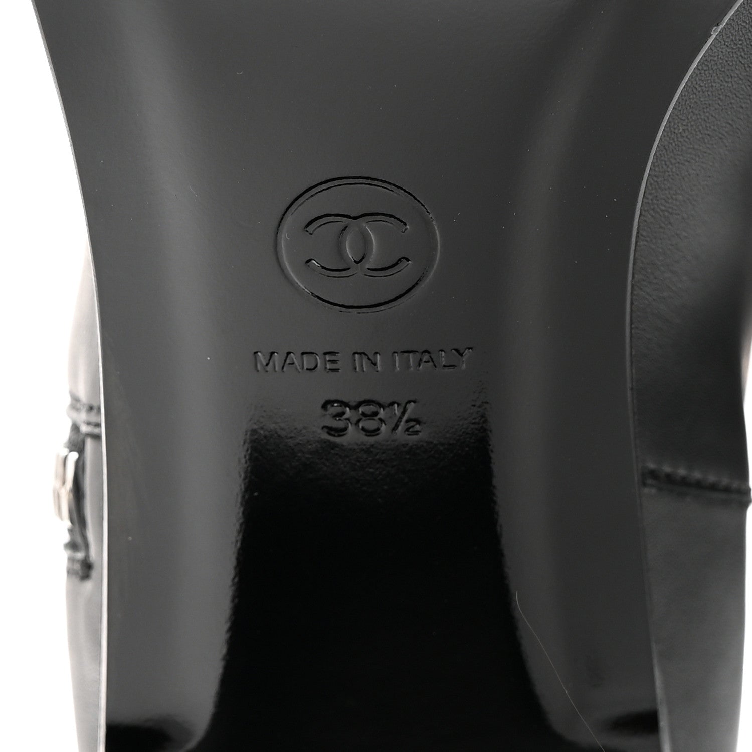 Chanel Calfskin Patent Cap Toe Quilted Logo Knee High Boots 38.5 Black 7 of 9