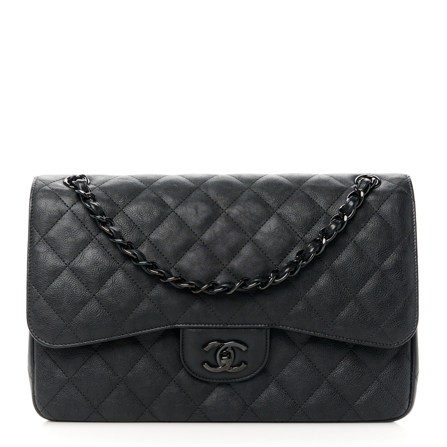 Crumpled Calfskin Quilted Jumbo Double Flap So Black