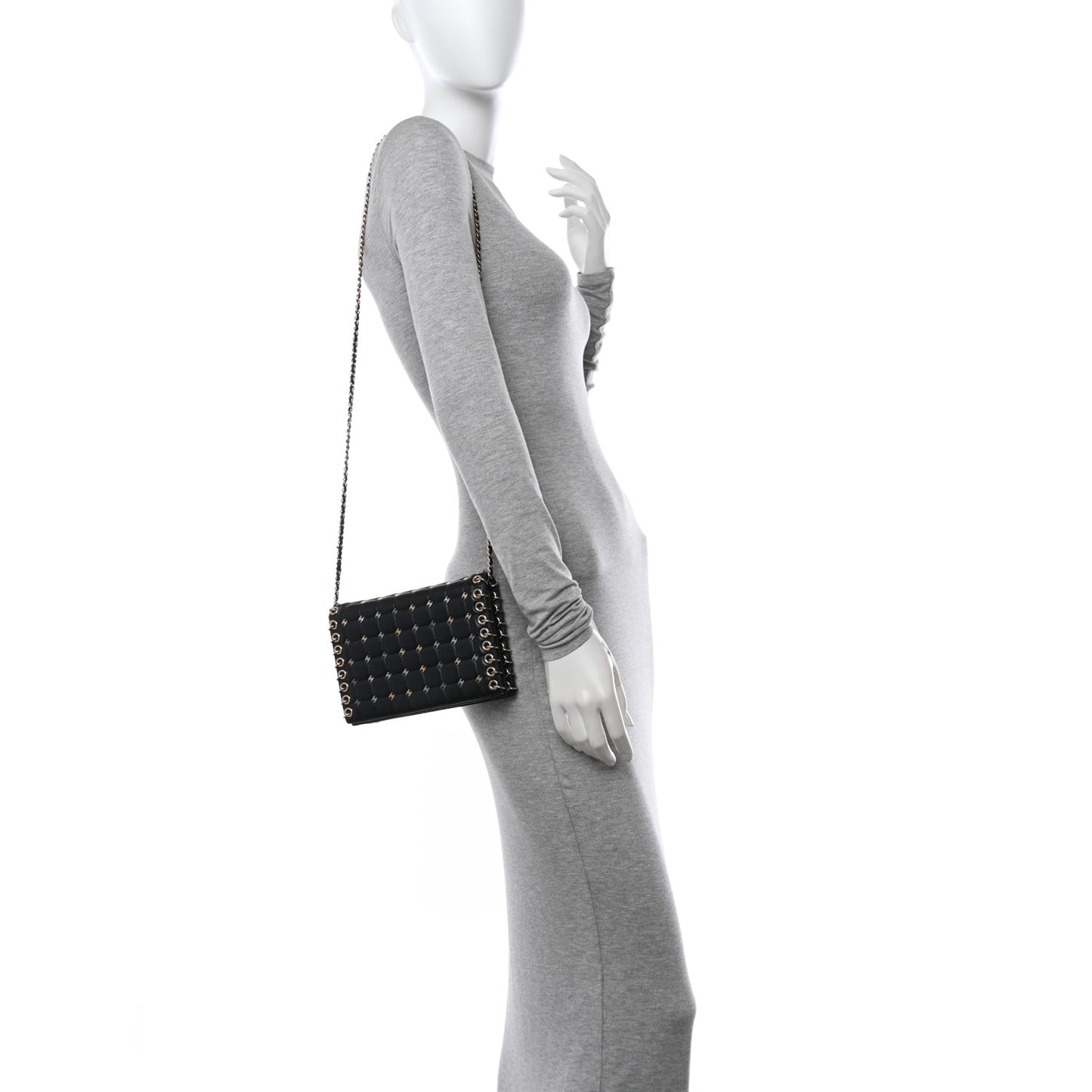 Lambskin Chocolate Bar Piercing CC Studded Small Chain Flap Bag Black