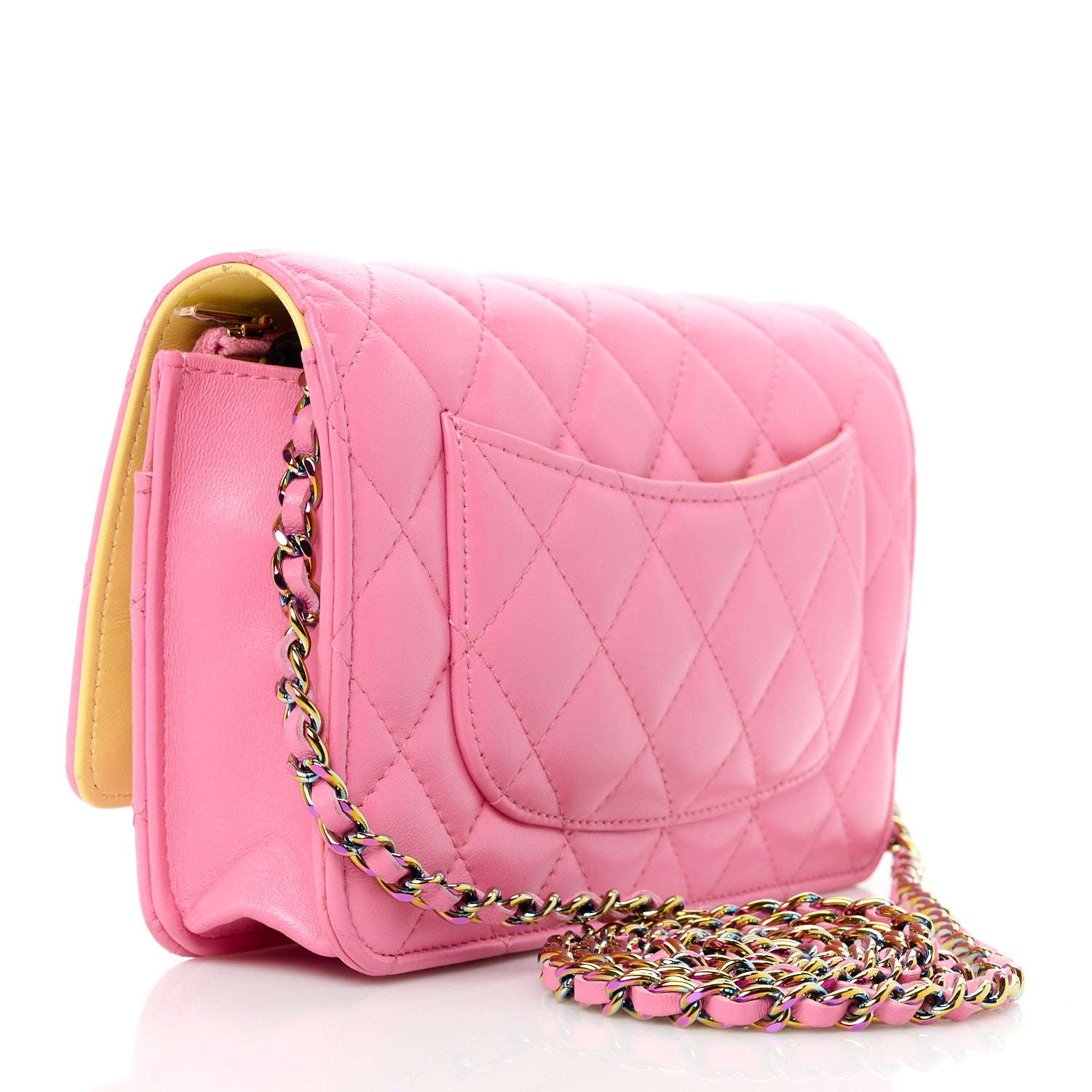 Chanel Lambskin Quilted Wallet On Chain WOC Pink Yellow 3 of 11