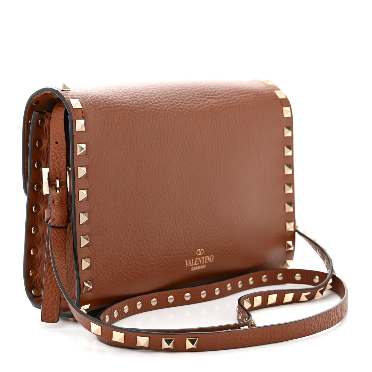 Pebbled Calfskin Medium Rockstud Flip Lock Crossbody Bag Saddle Brown