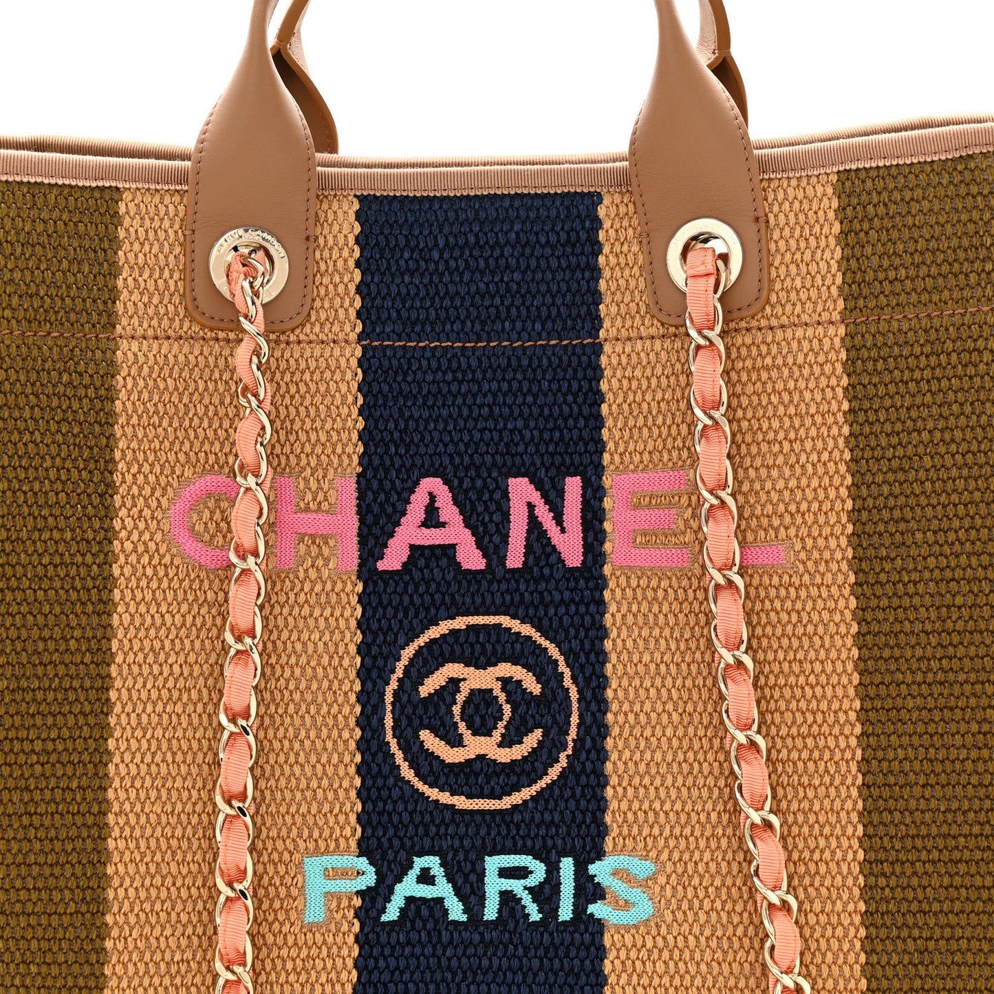 Straw Raffia Calfskin Striped Medium Deauville Tote Khaki Beige Navy Blue