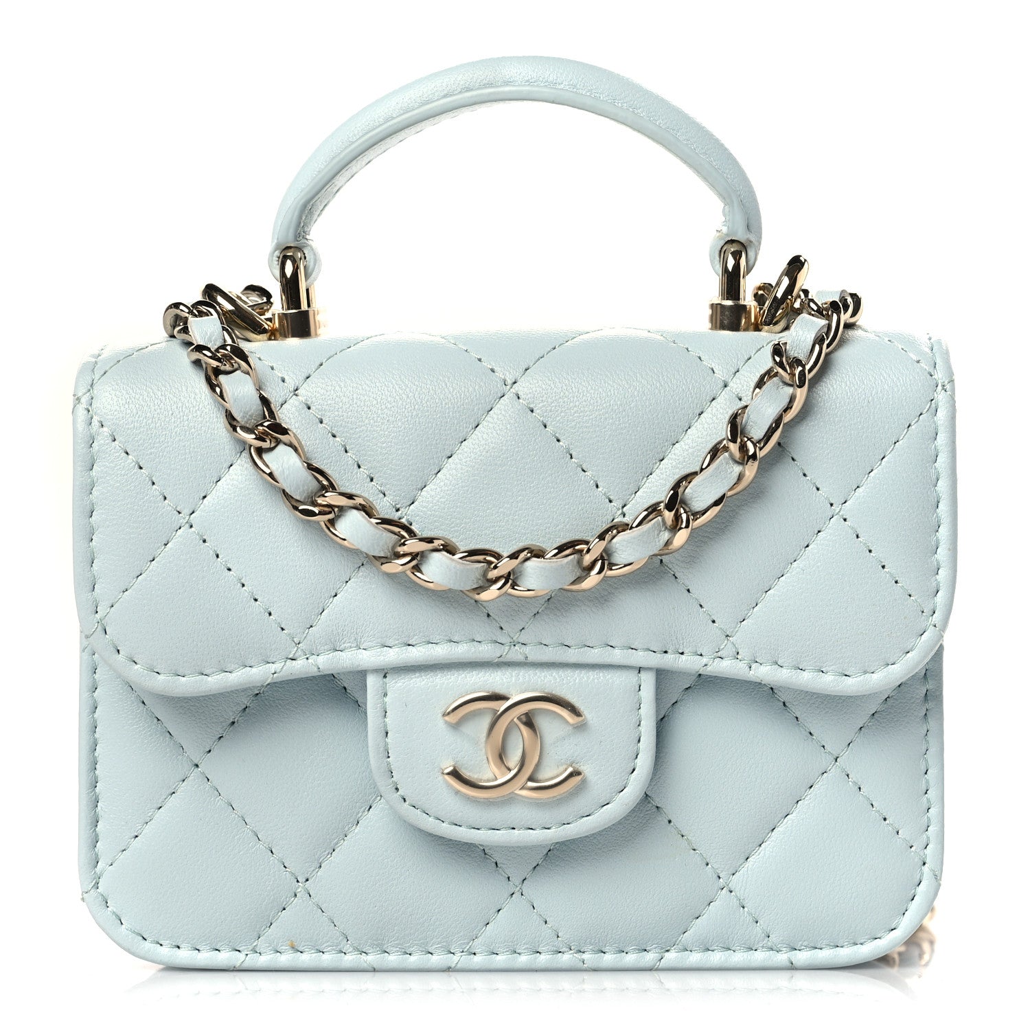 Chanel Lambskin Quilted Top Handle Flap Coin Purse With Chain Light Blue 1 of 11