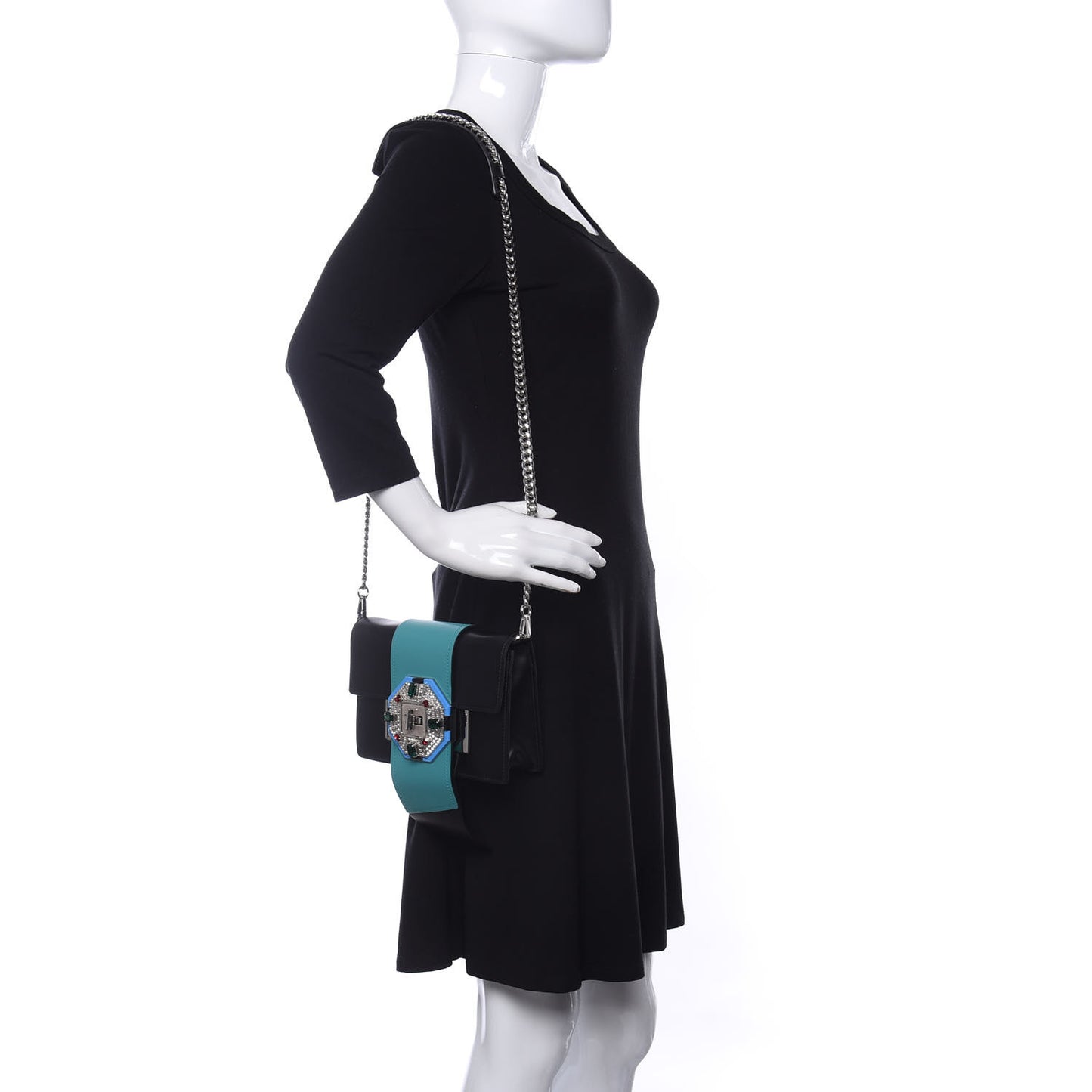 City Calf Crystal Embellished Ribbon Bag Black Jade