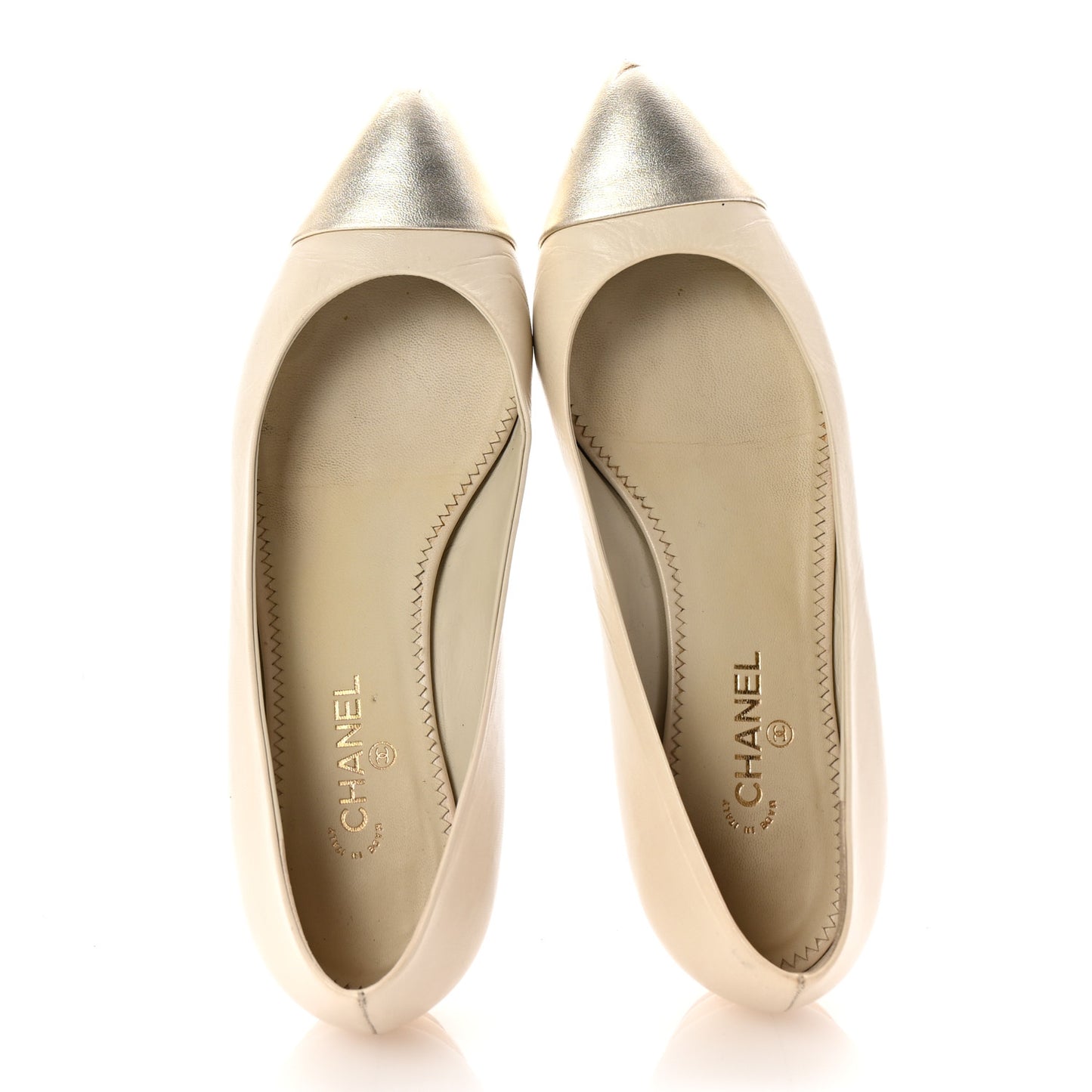 Lambskin Coco Line Pointed Toe Ballerina Flats 36 Light Beige Gold