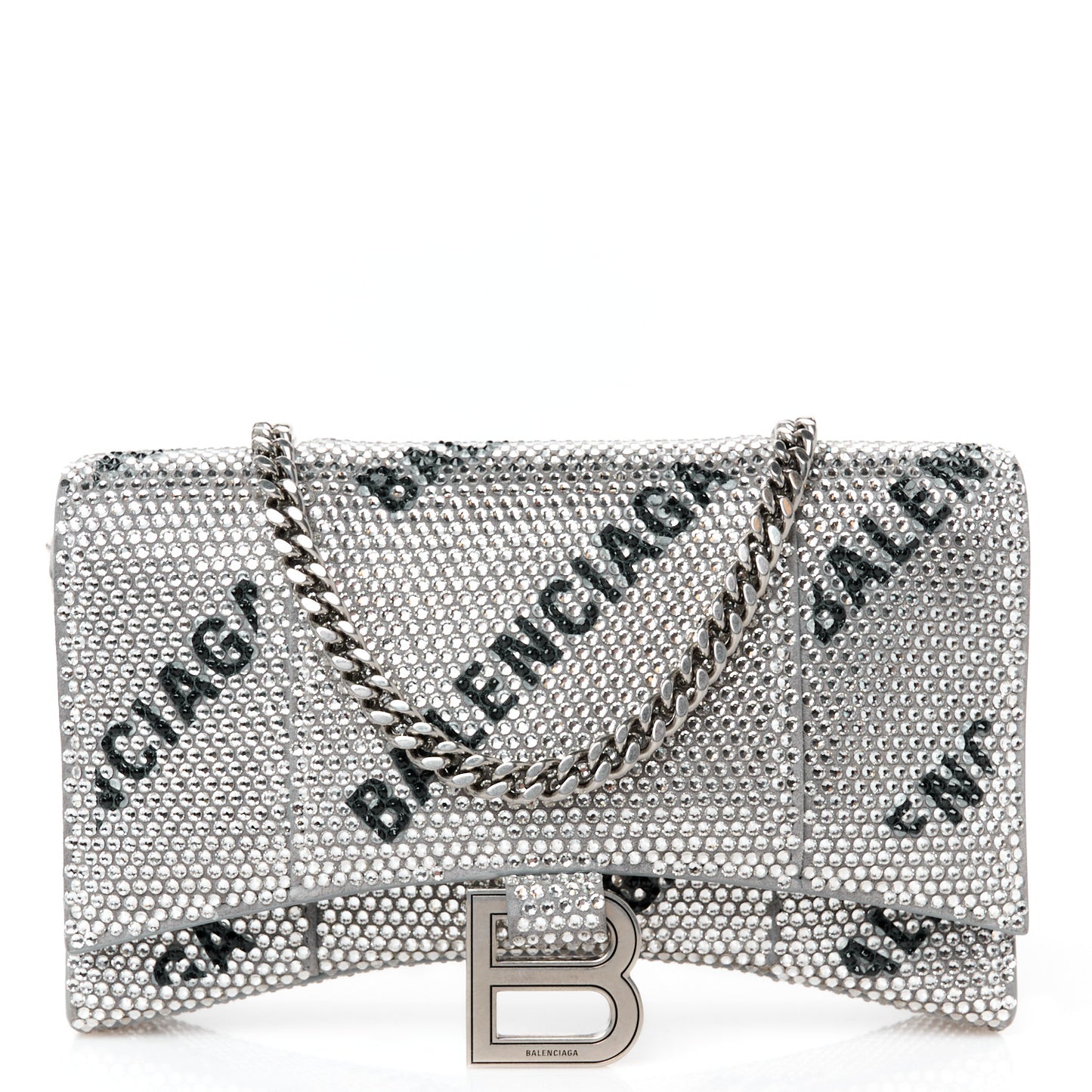 Strass Suede Allover Logo Hourglass Chain Bag Silver Black