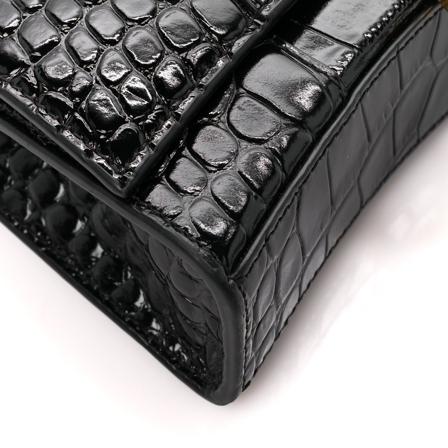 Shiny Calfskin Crocodile Embossed Hourglass Chain Bag Black