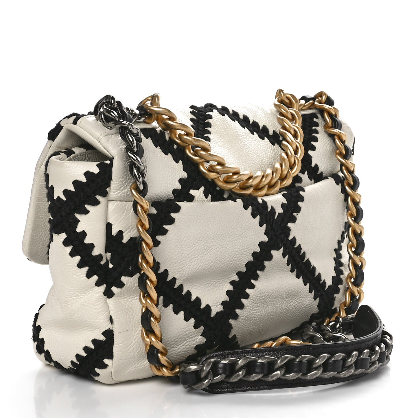 Calfskin Crochet Medium Chanel 19 Flap White Black