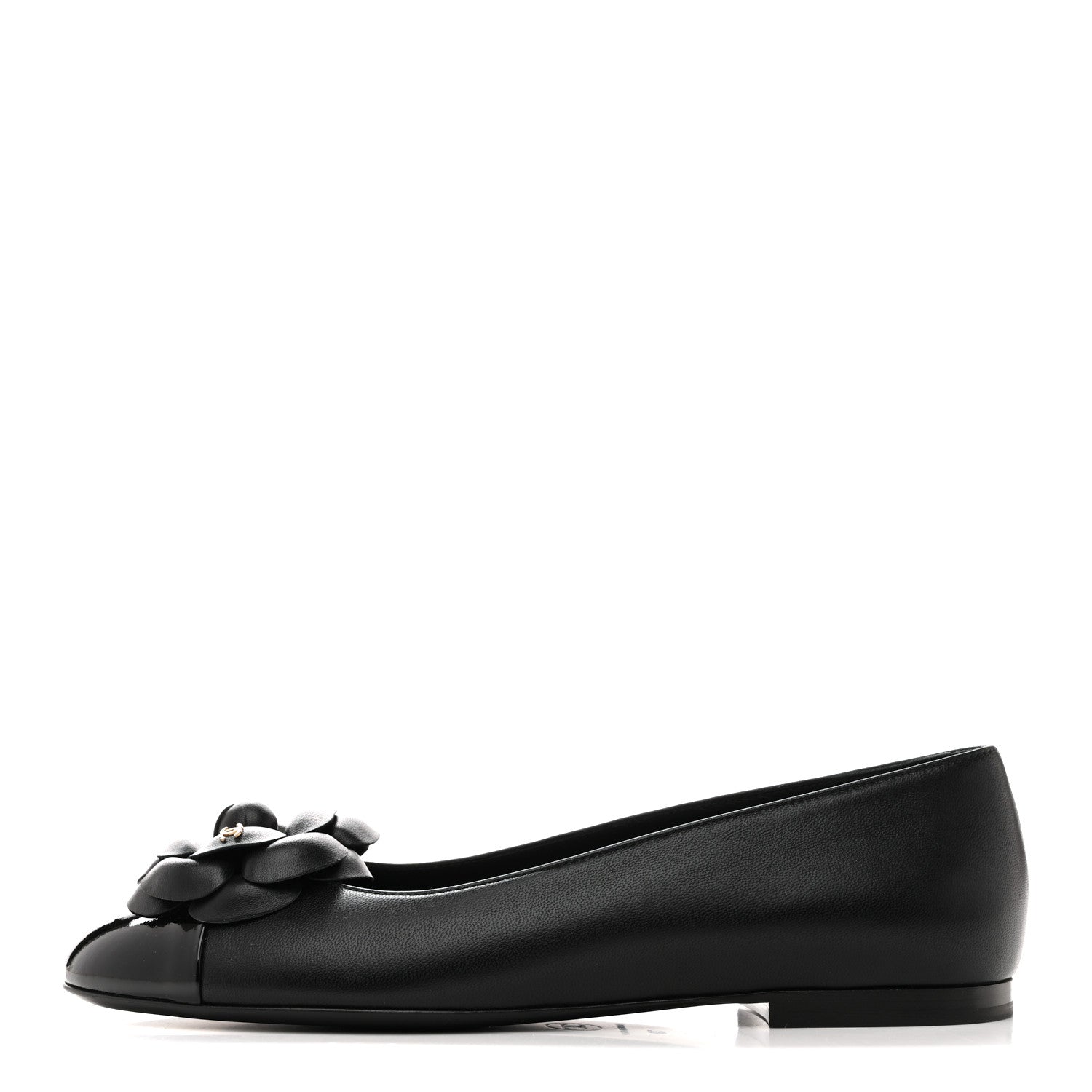 Chanel Lambskin Patent Cap Toe Camellia Ballerina Flats 38 Black