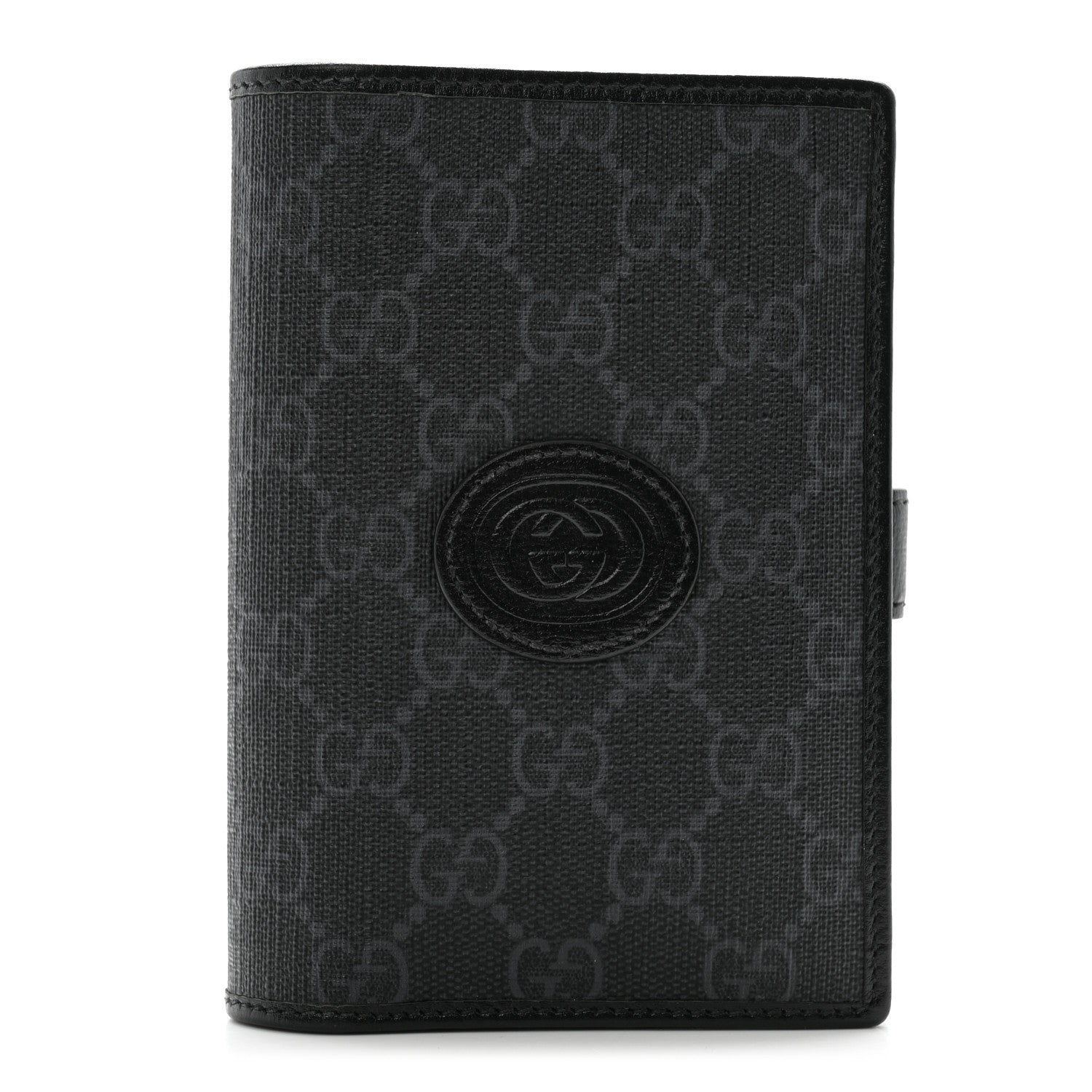 Gucci GG Supreme Monogram Textured Calfskin Retro Interlocking G Passport Case Black Grey 1 of 10