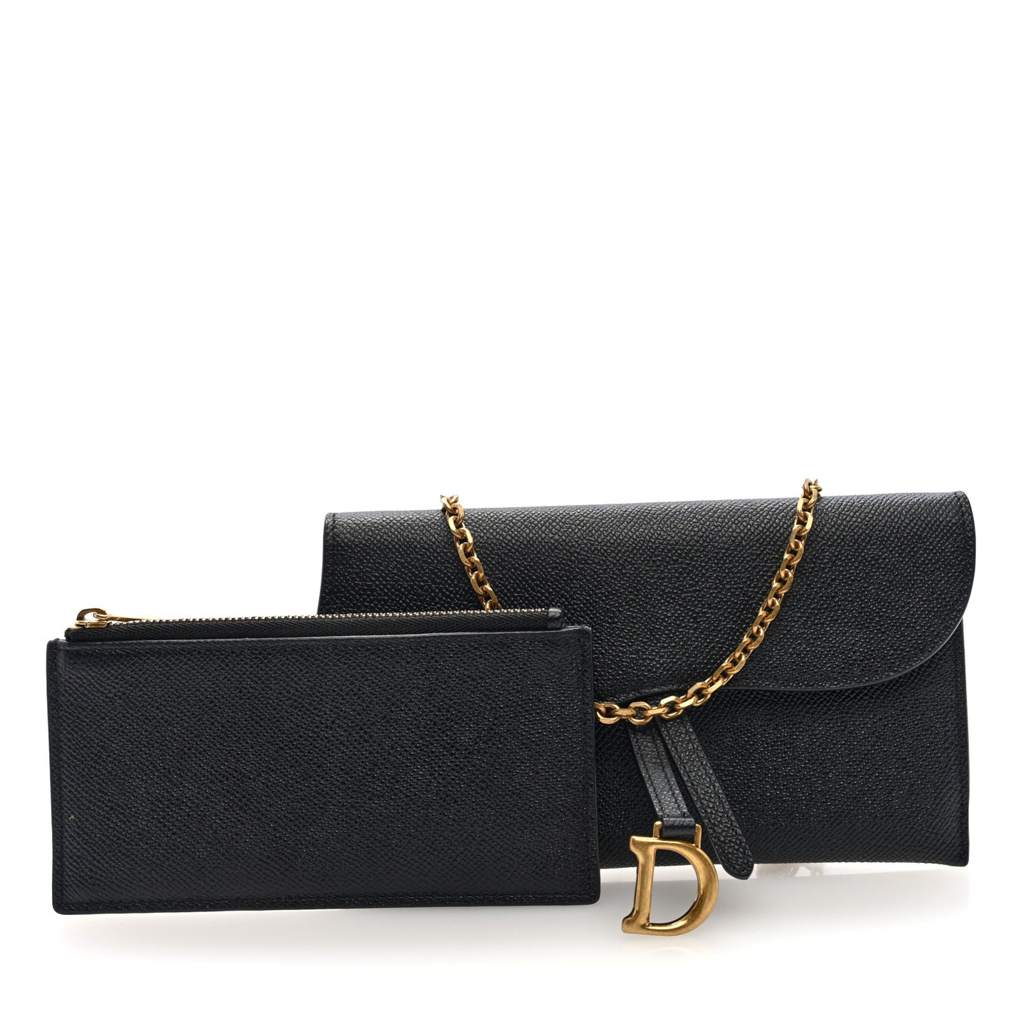 Grained Calfskin Saddle Chain Wallet Pouch Black