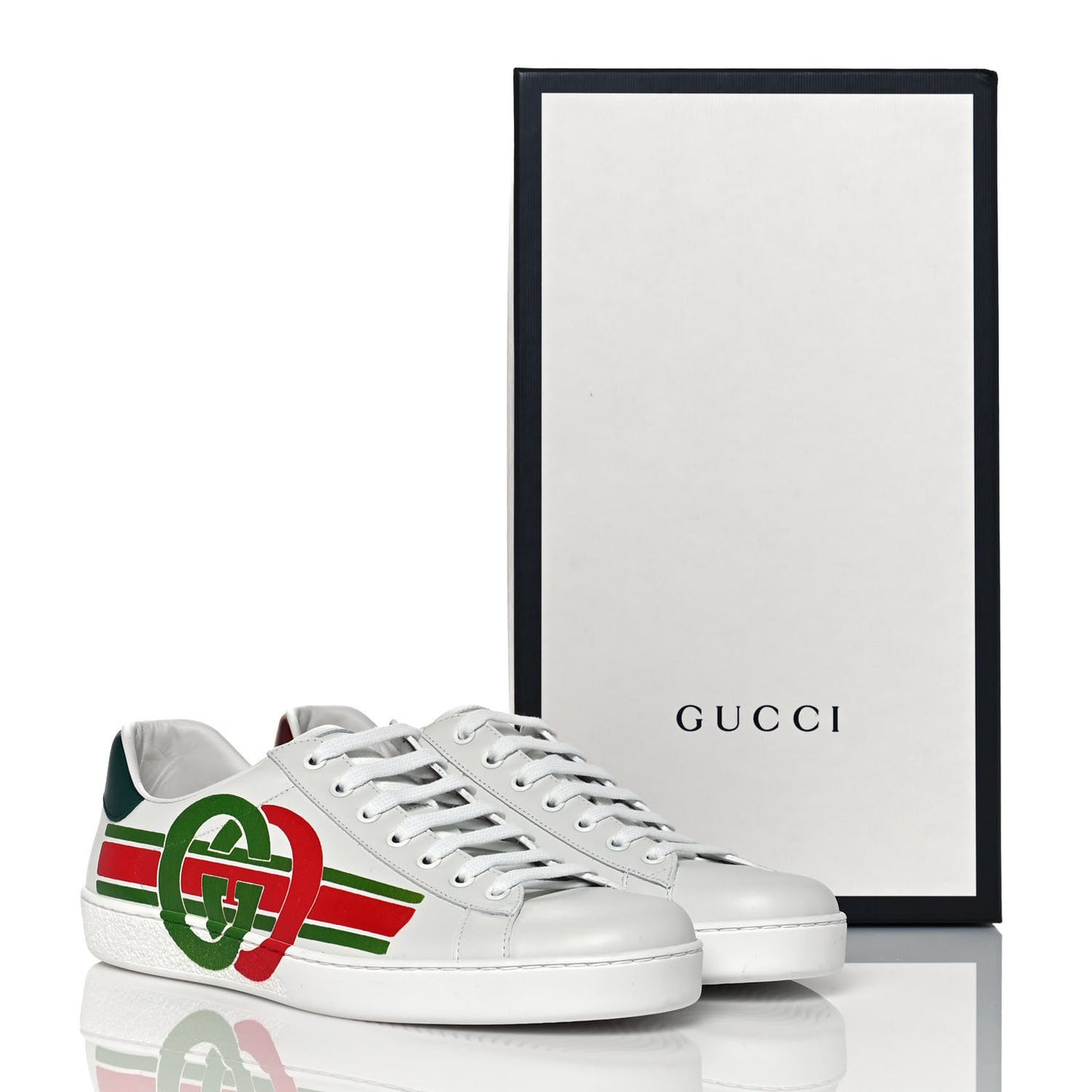 Calfskin Interlocking G Mens New Ace Sneakers 9 White Red Flame Green