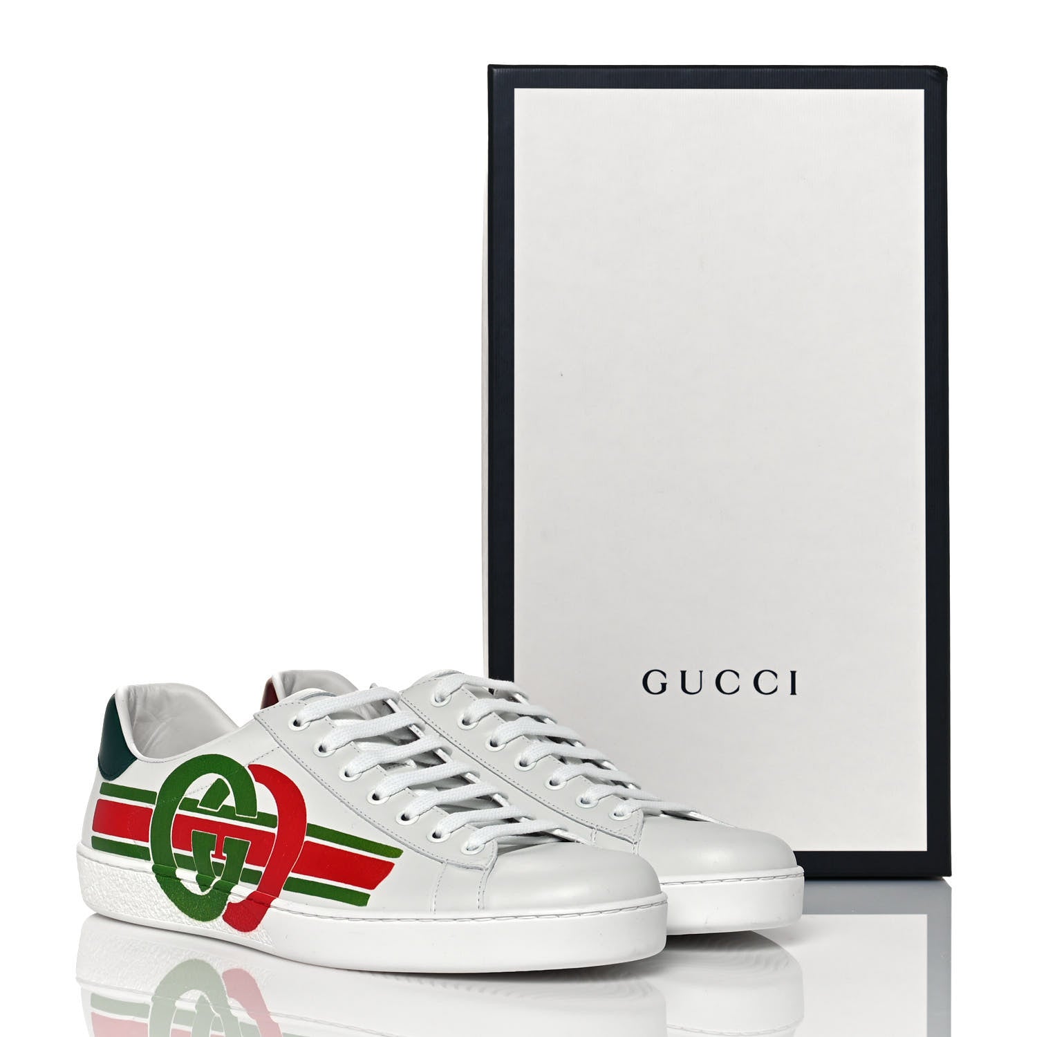 Gucci Calfskin Interlocking G Mens New Ace Sneakers 9 White Red Flame Green 9 of 9