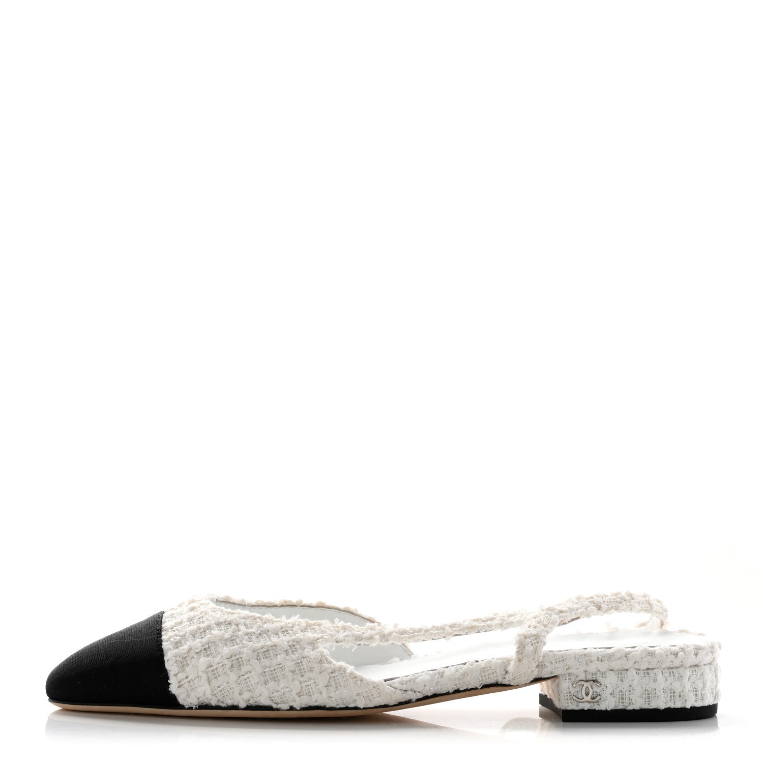 Tweed Slingback Flats white×black 37 Chanel Tweed Grosgrain Toe CC Slingback Flat 37 White Black