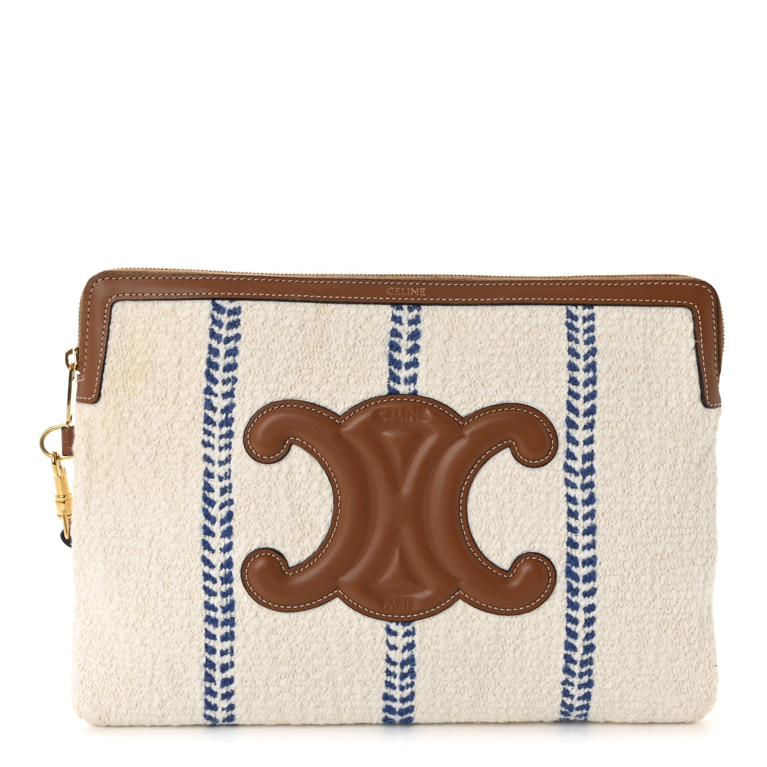 Celine Canvas Calfskin Stripe Triomphe Pouch Thais White Blue