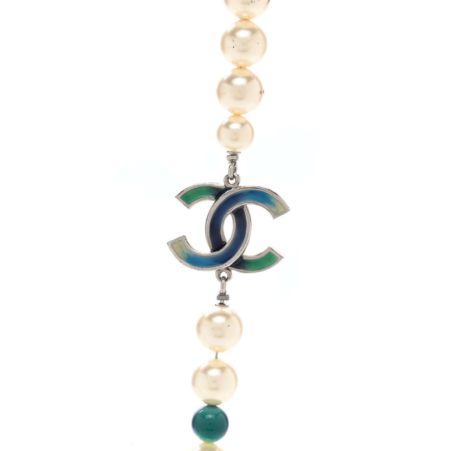 Graduated Pearl Enamel Bead CC Logo Long Necklace White Blue Multicolor