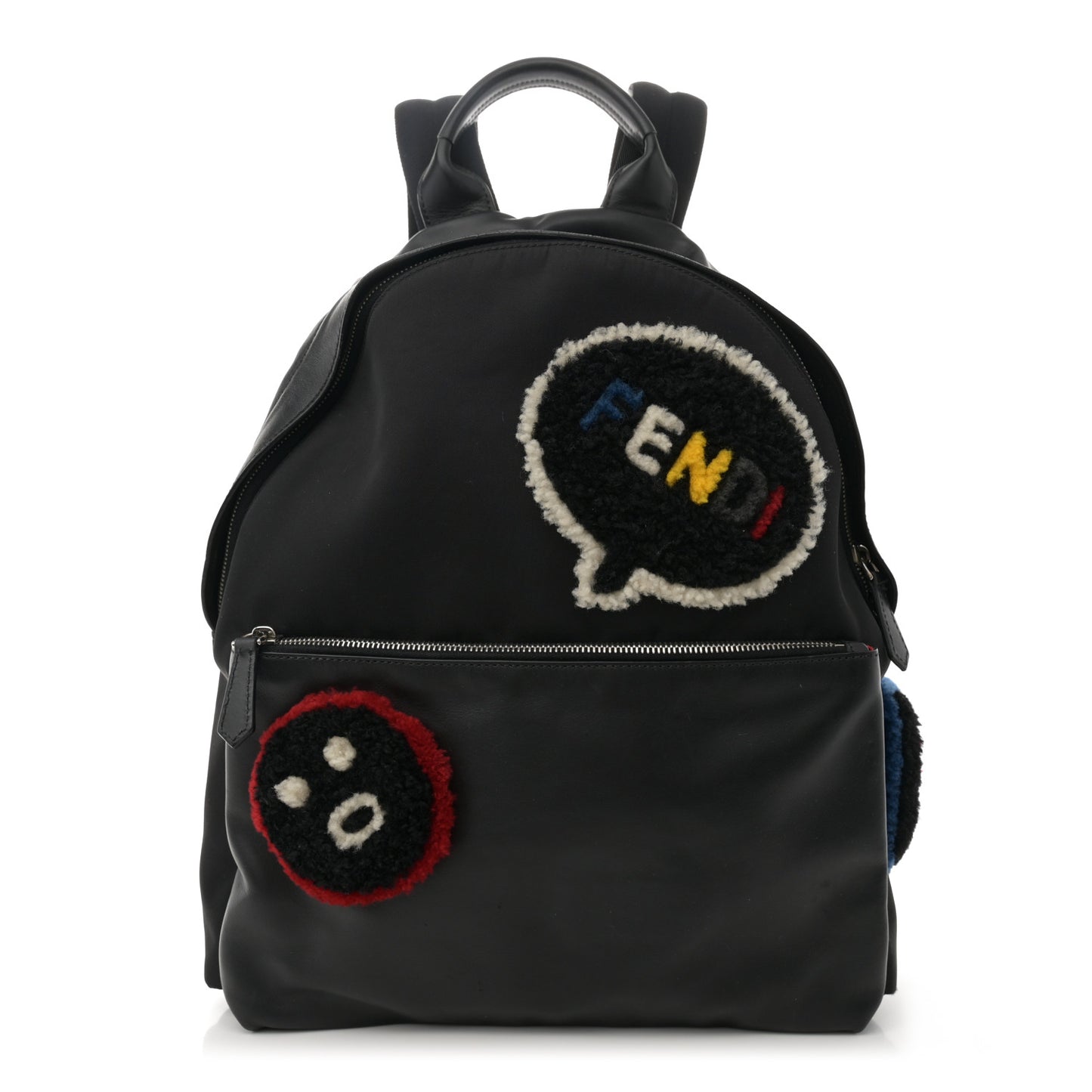 Nylon Calfskin Shearling Emoticon Backpack Black