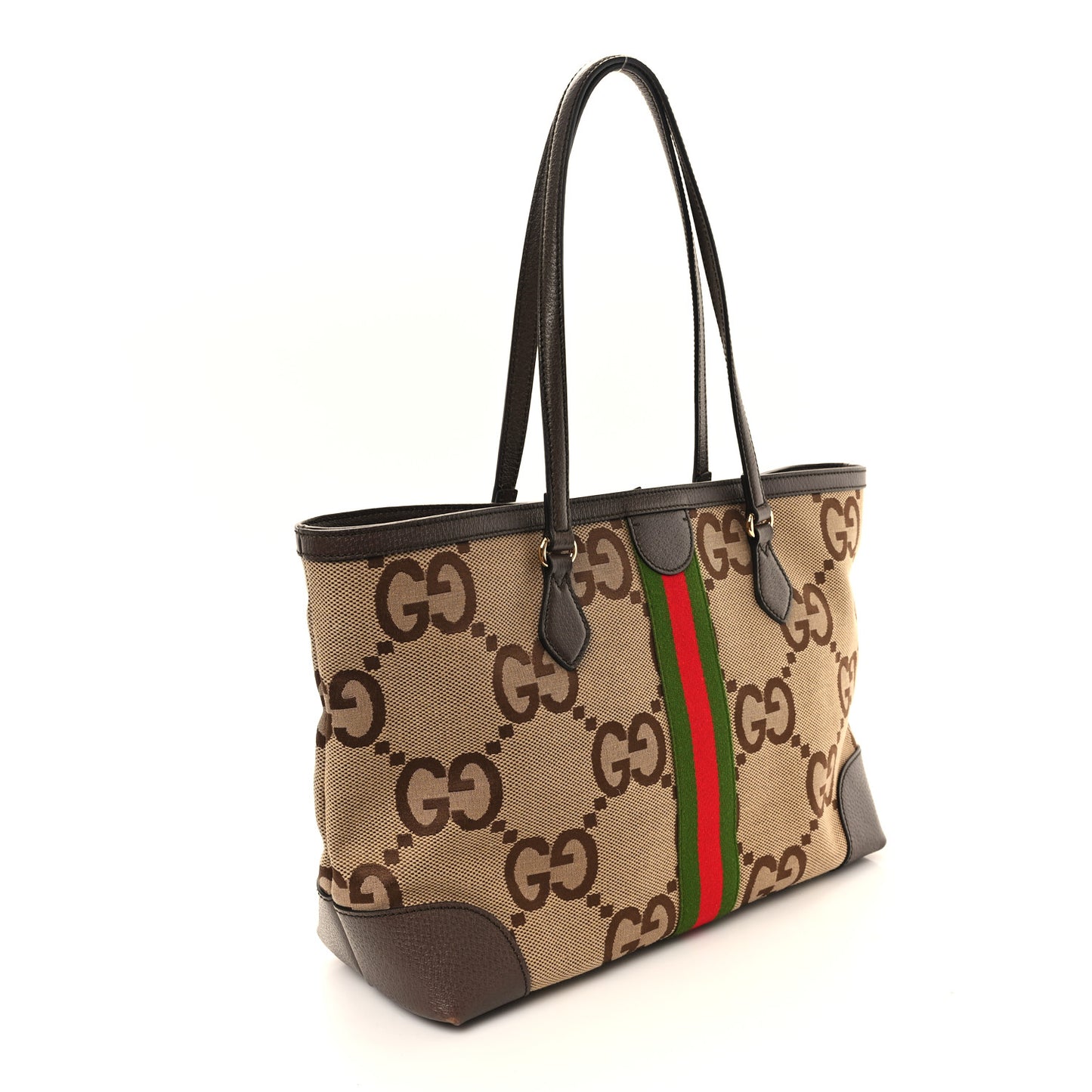 Monogram Jumbo GG Textured Dollar Calfskin Web Medium Ophidia Shopping Tote Camel Ebony