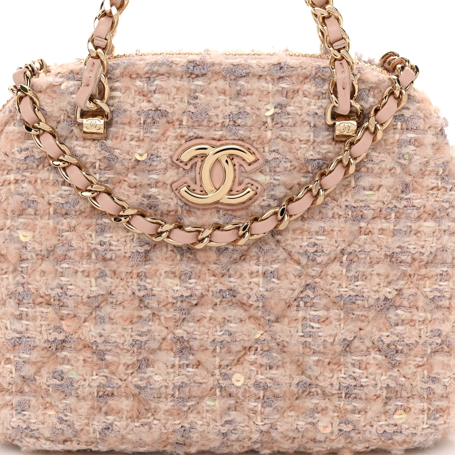 Chanel Cotton Wool Tweed Sequin Quilted Shiny Coco Clutch With Chain Light Pink Beige Ecru 8 of 10