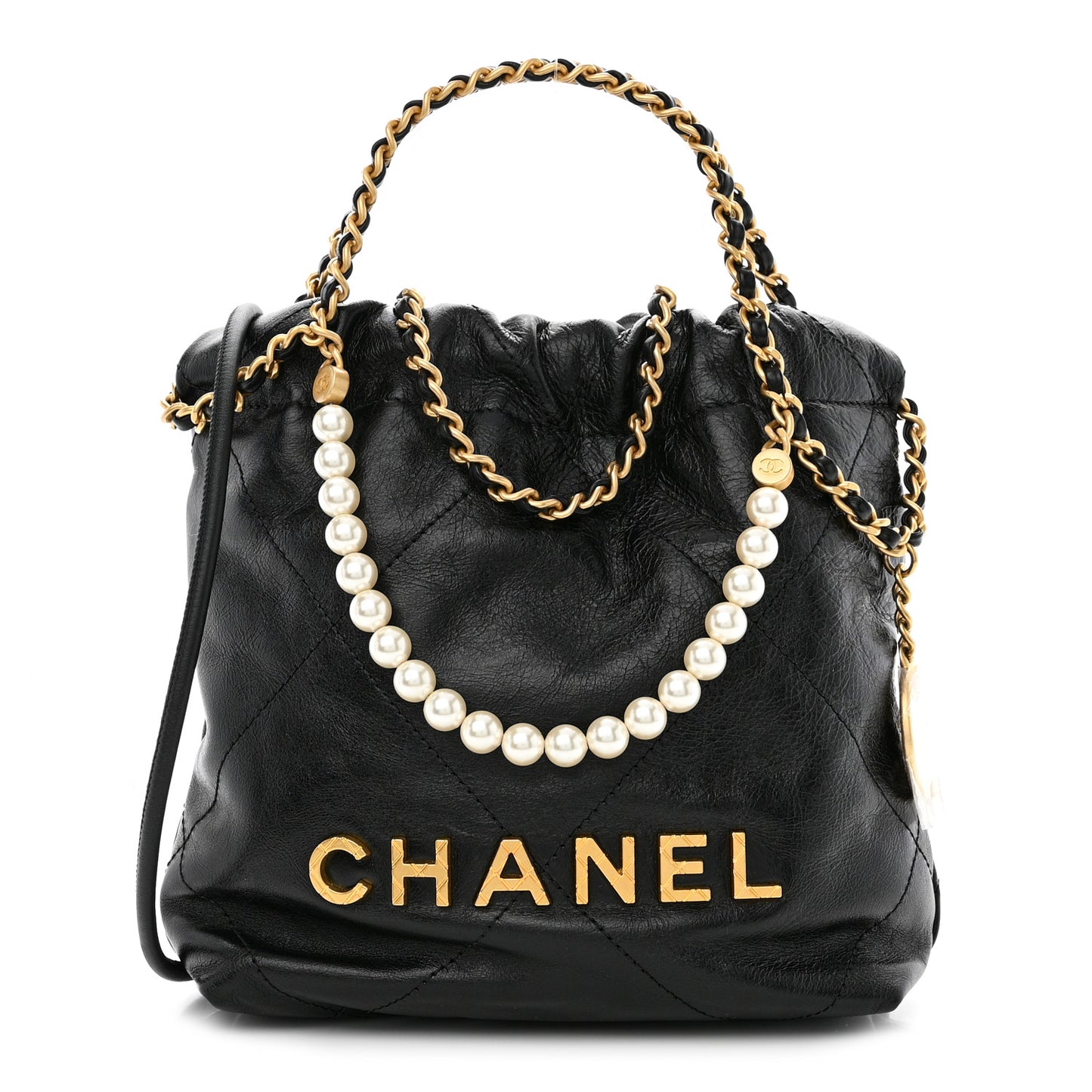 Shiny Crumpled Calfskin Quilted Pearl Mini Chanel 22 Black