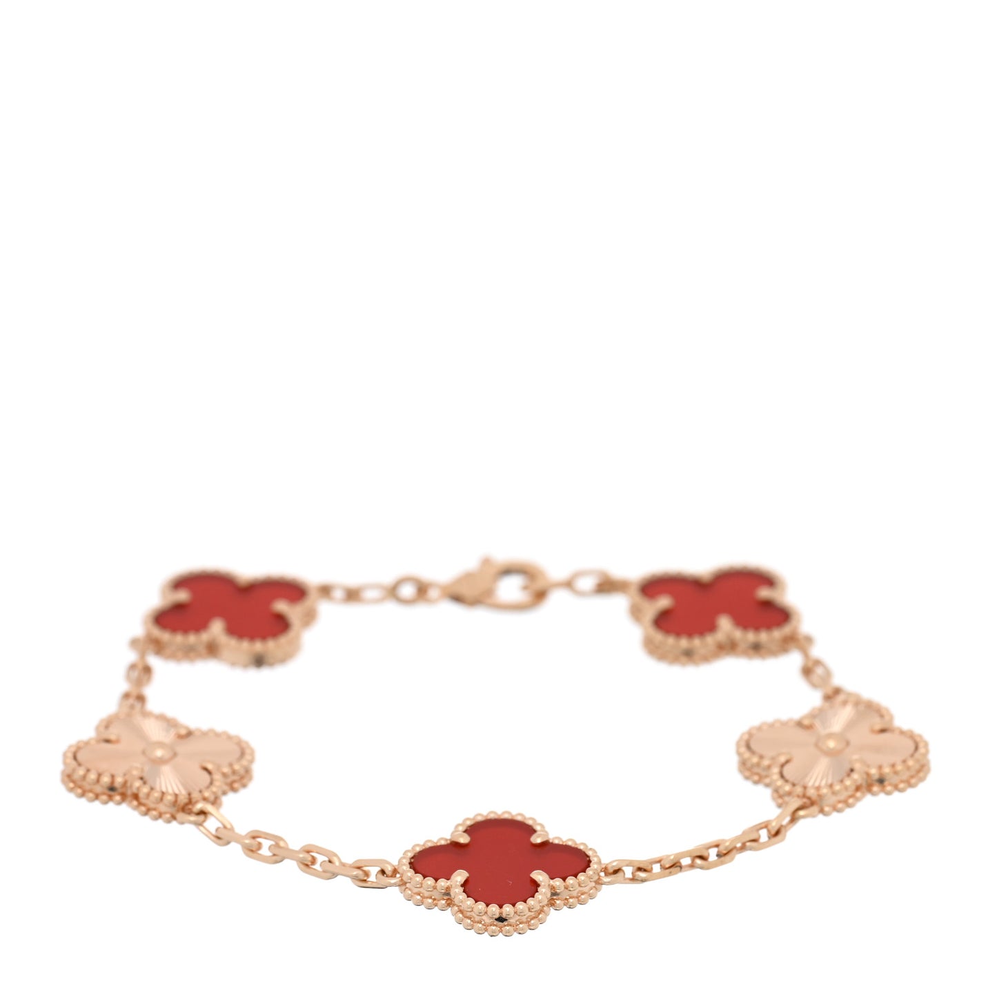 18K Rose Gold Carnelian 5 Motifs Guilloche Vintage Alhambra Bracelet