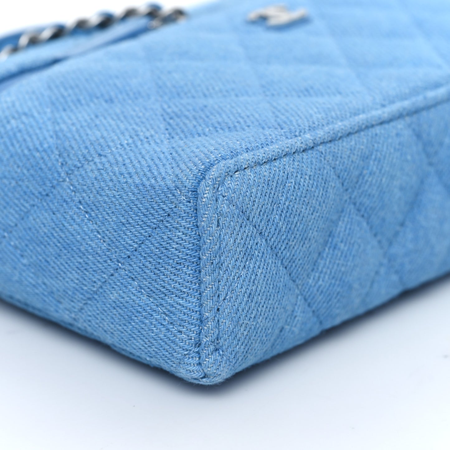 Denim Quilted Top Handle Slim Vanity Case With Chain Blue