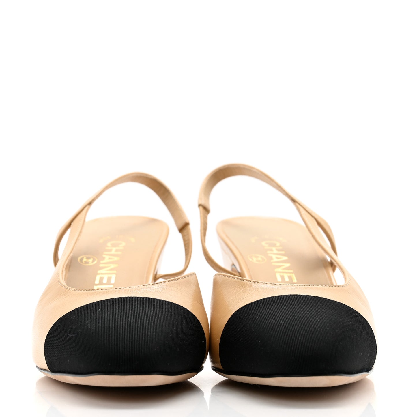 Goatskin Grosgrain Cap Toe CC Slingback Pumps 37 Beige Black