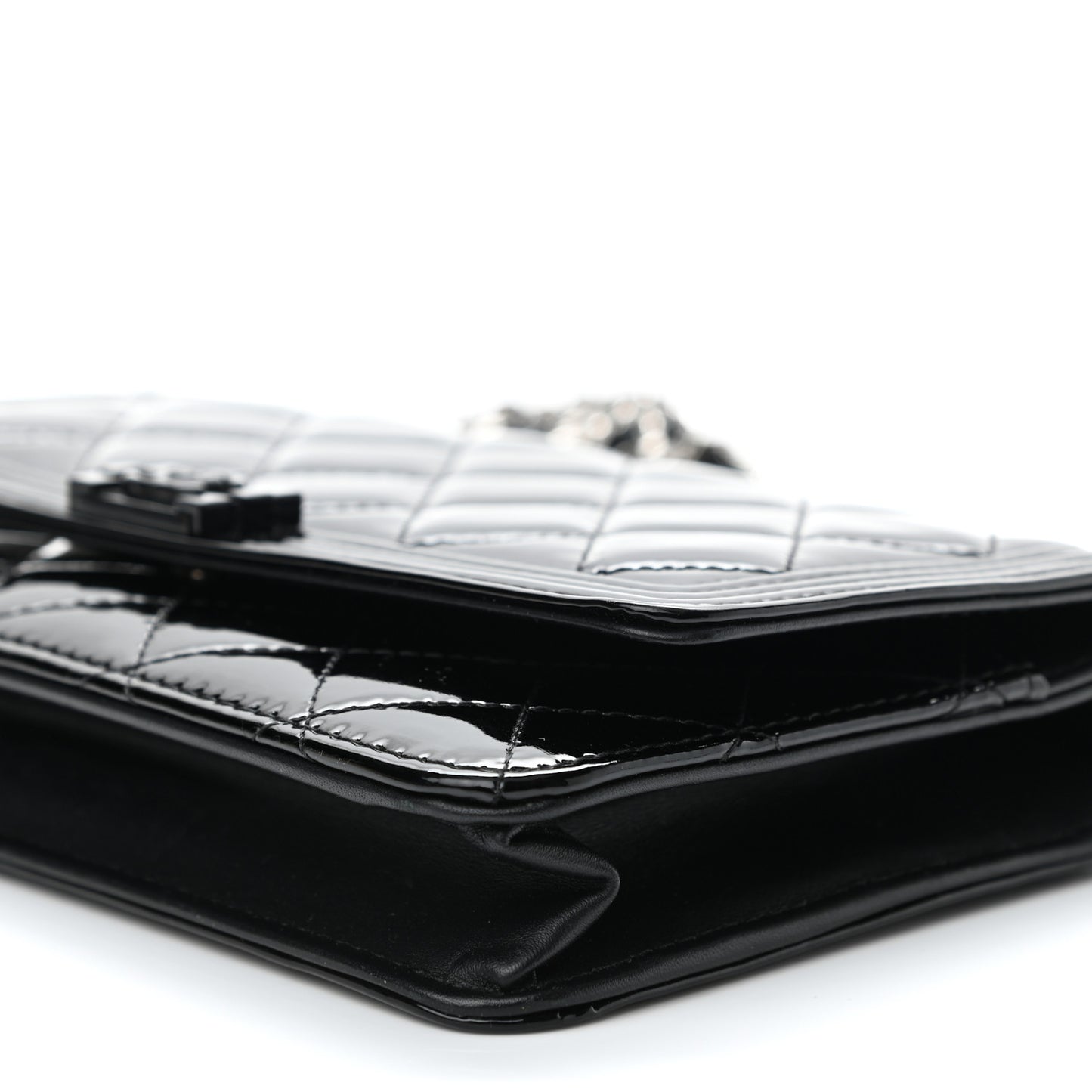 Patent Calfskin Quilted Boy Wallet On Chain WOC Black