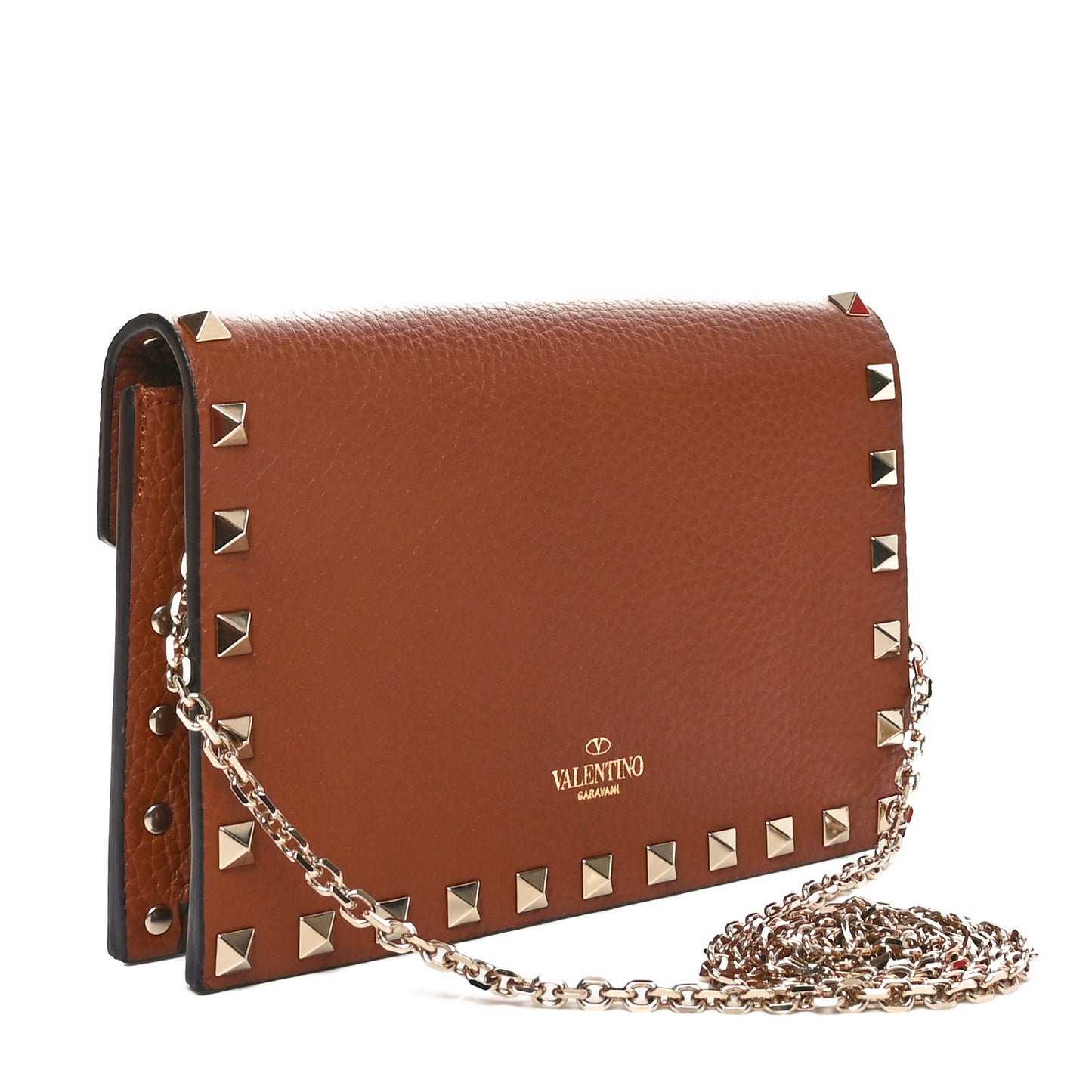 Pebbled Calfskin Rockstud Envelope Wallet on Chain Bright Cognac