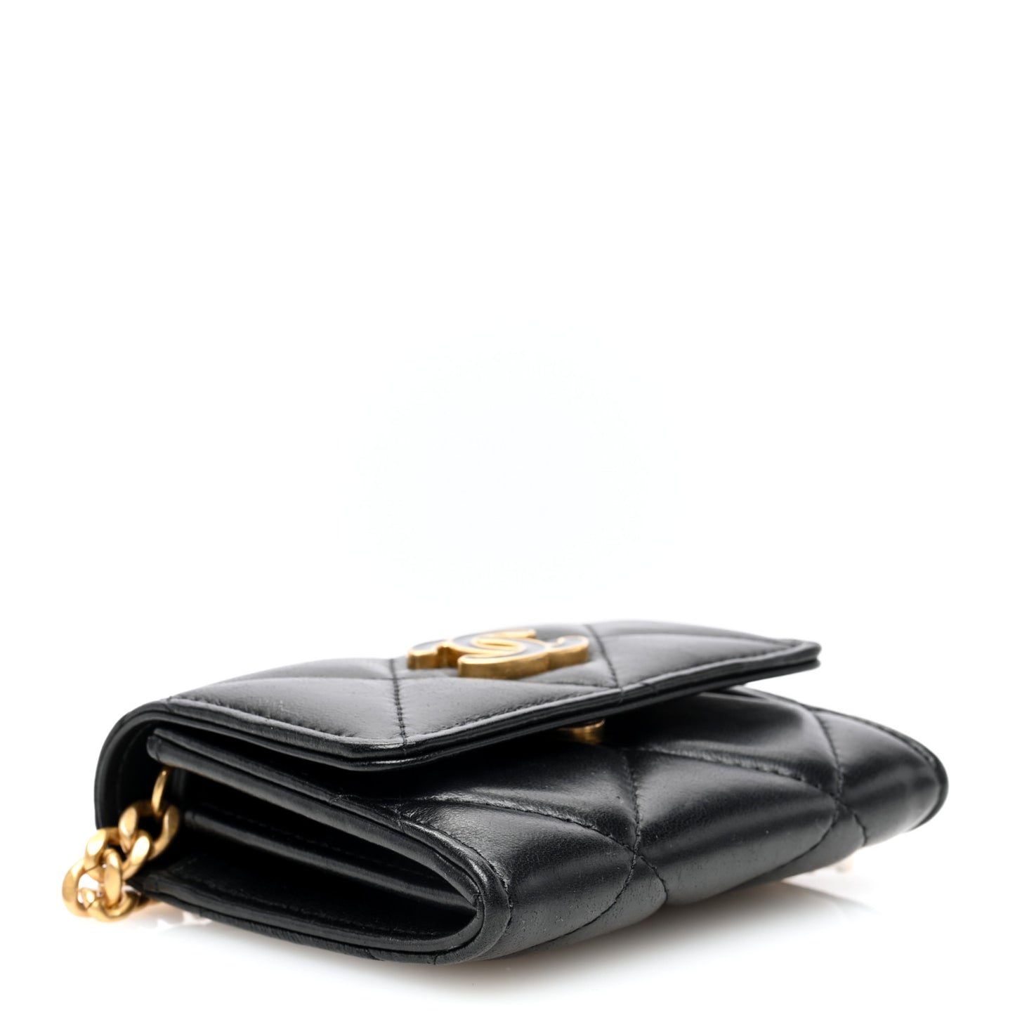 Lambskin Enamel Quilted Pending CC Card Holder On Chain Black