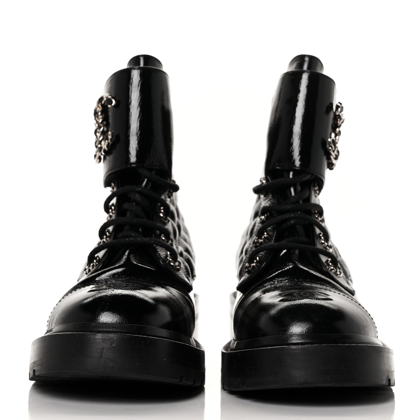 Shiny Calfskin Quilted Lace Up Combat Boots 38 Black