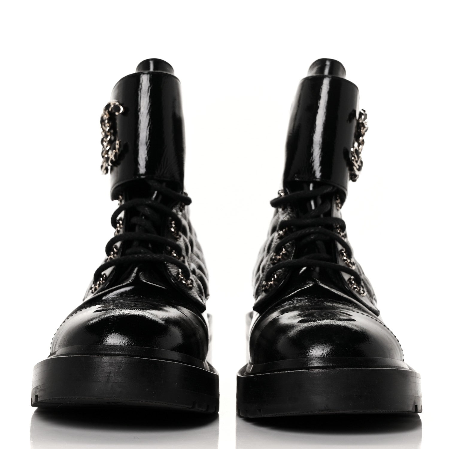 Chanel Shiny Calfskin Quilted Lace Up Combat Boots 38 Black 2 of 5
