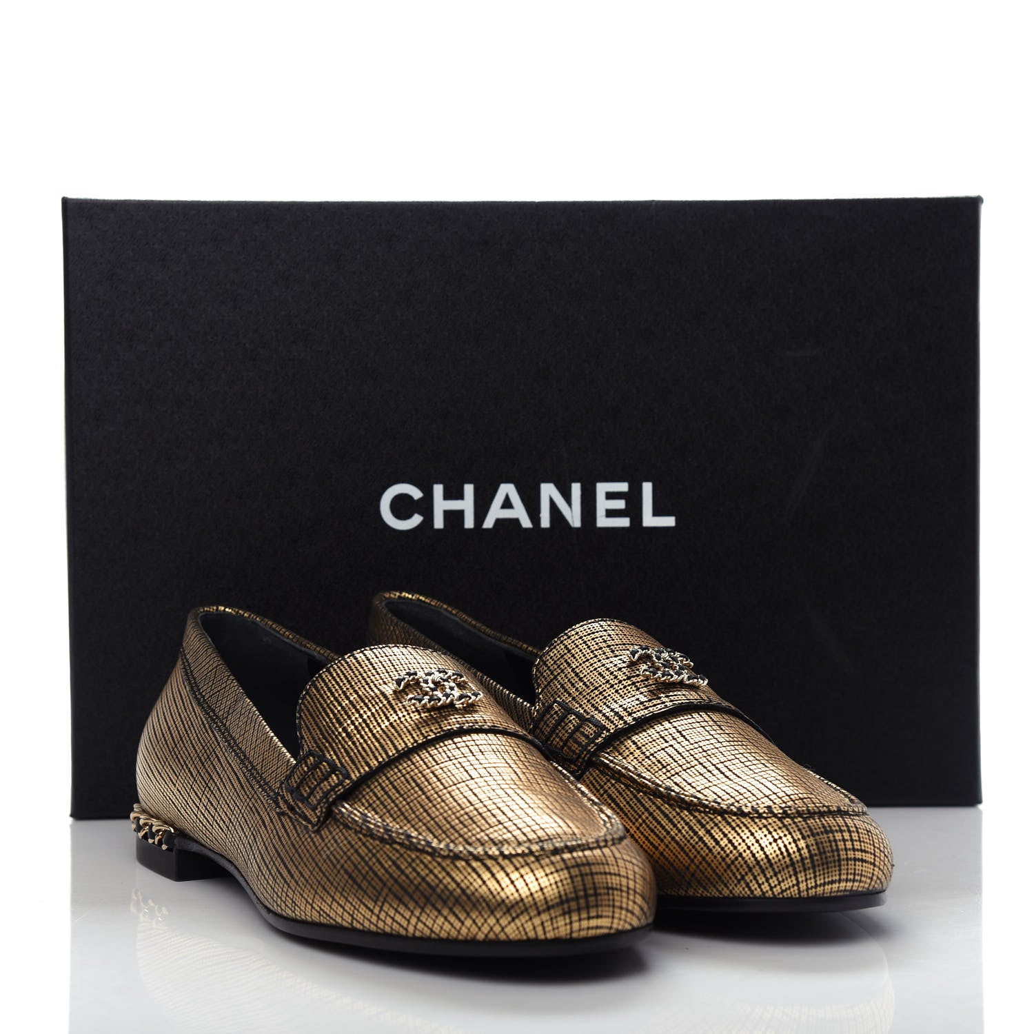 Chanel Fantasy Calfskin CC Chain Mocassin Loafers 37.5 Gold 11 of 11