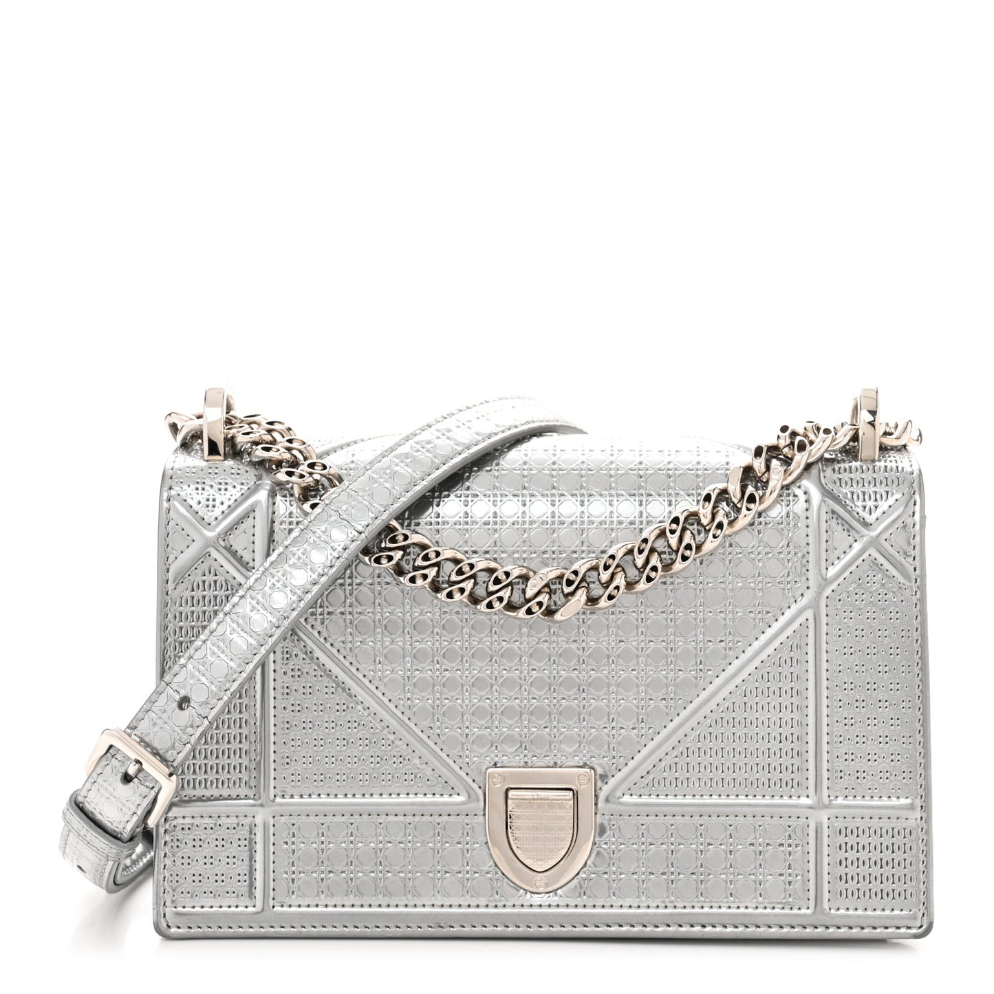 Metallic Patent Micro-Cannage Small Diorama Flap Bag Silver