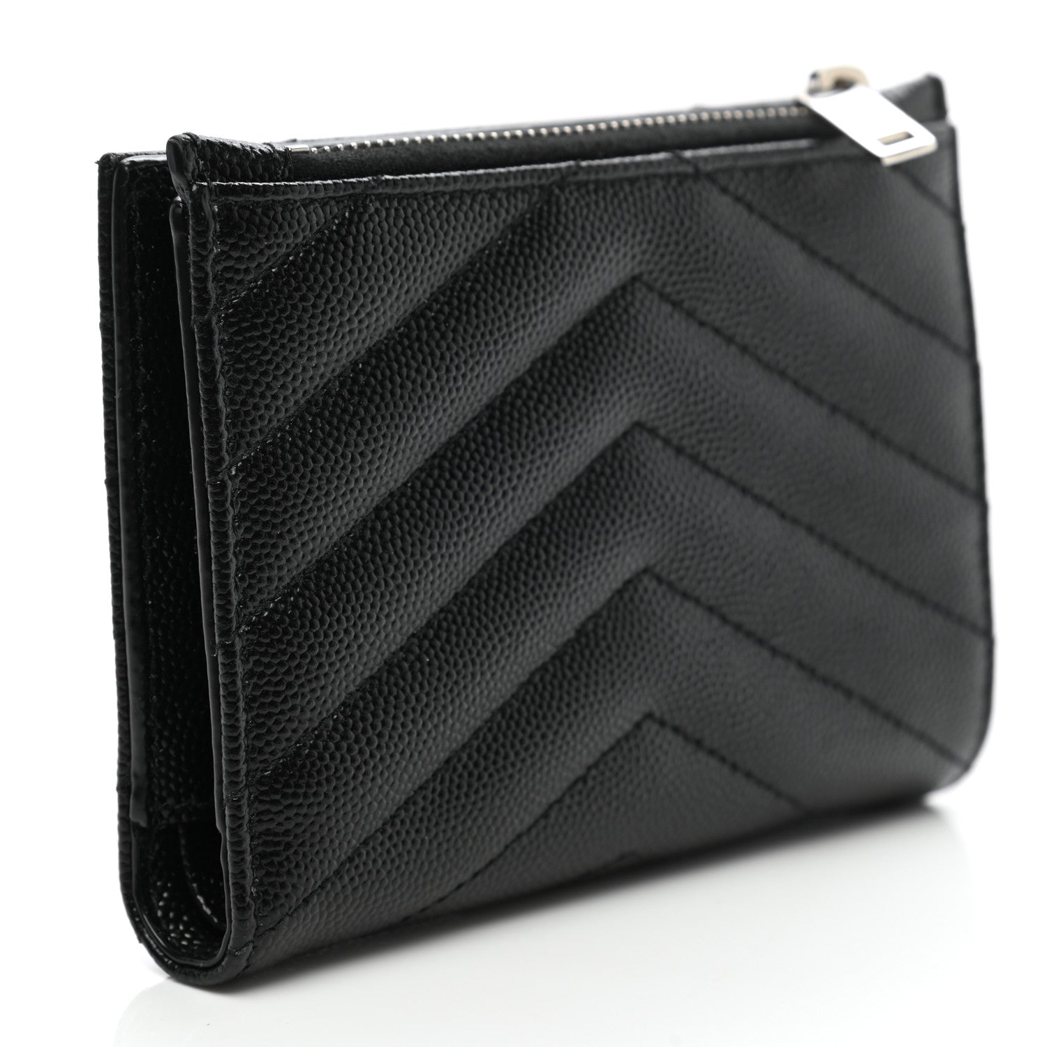 Saint Laurent Grain De Poudre Matelasse Chevron Monogram Zipped Two-Part Wallet Black 3 of 9